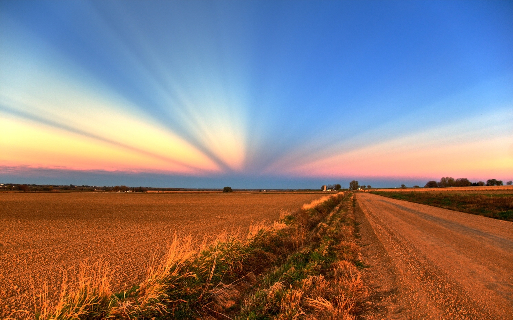 landscape, sunset, fields, roads HD wallpaper