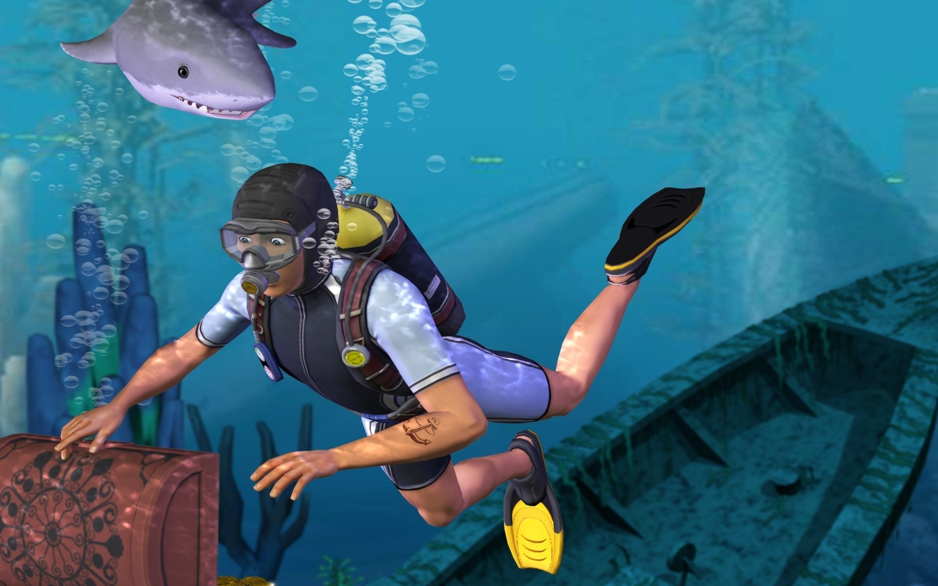 shark, video game, the sims, blue, diver, ocean, water Full HD