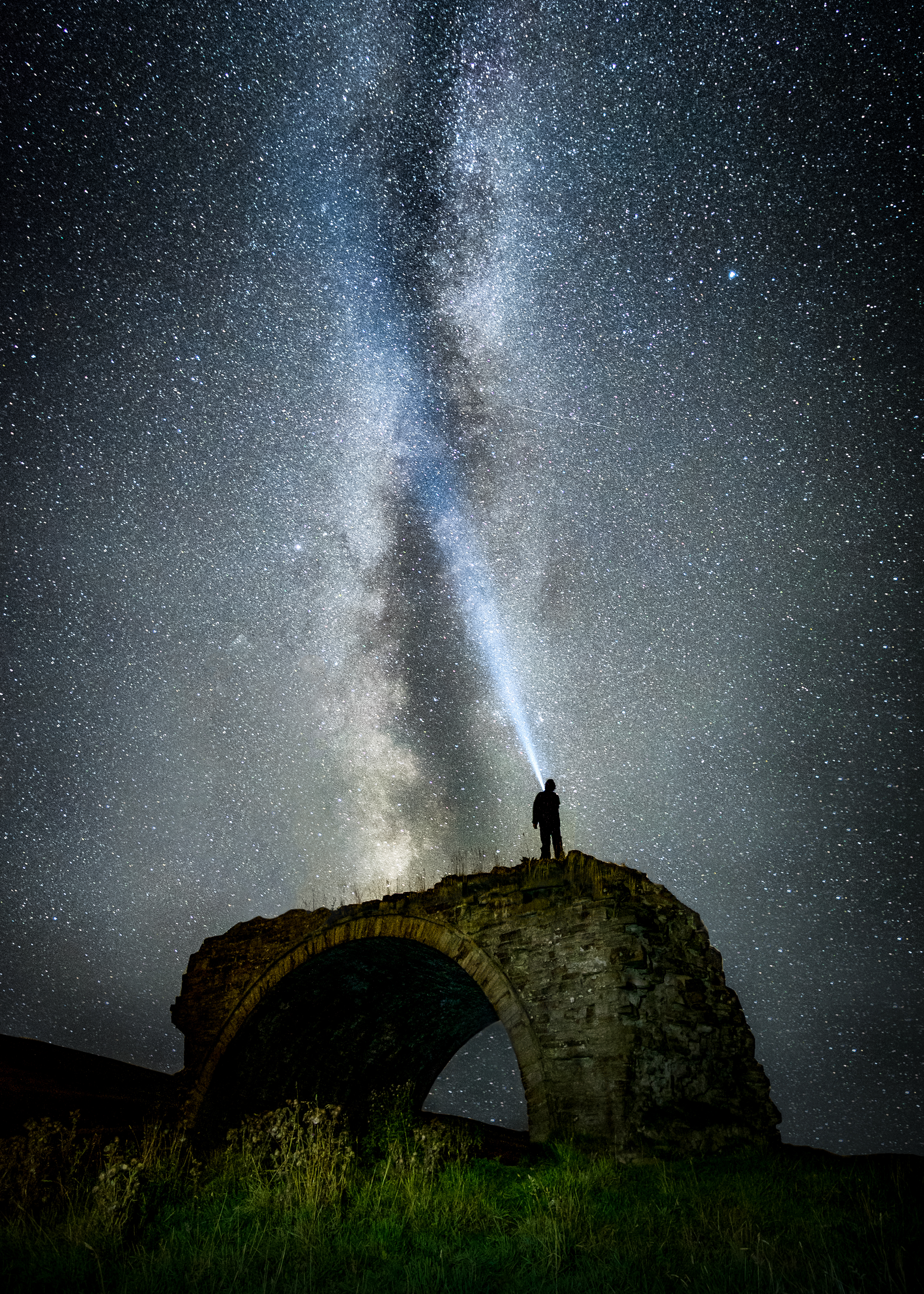 android milky way, night, nature, sky, silhouette, starry sky, human, person, elevation