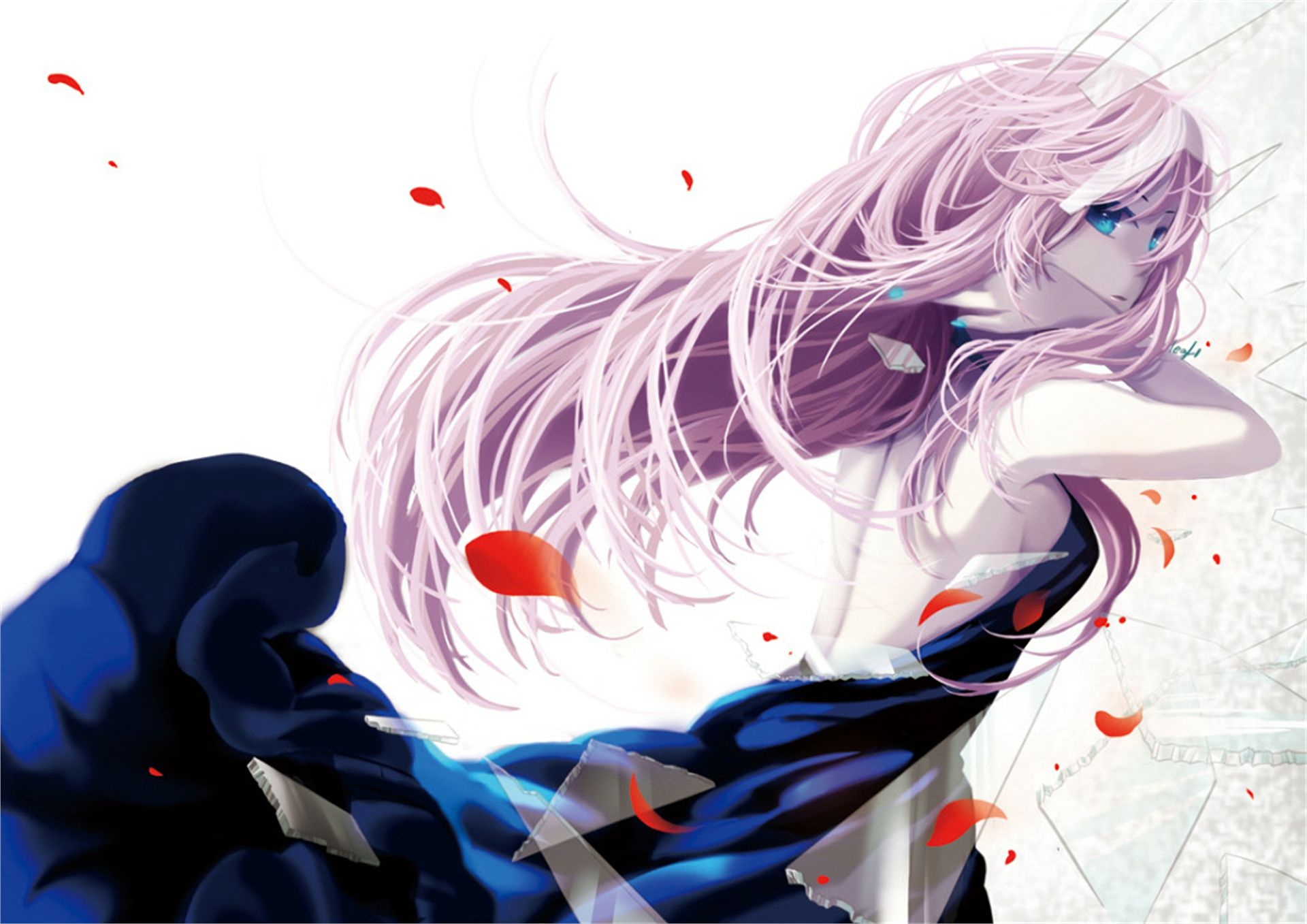 long hair, anime, vocaloid, blue dress, blue eyes, dress, luka megurine, petal, pink hair High Definition image