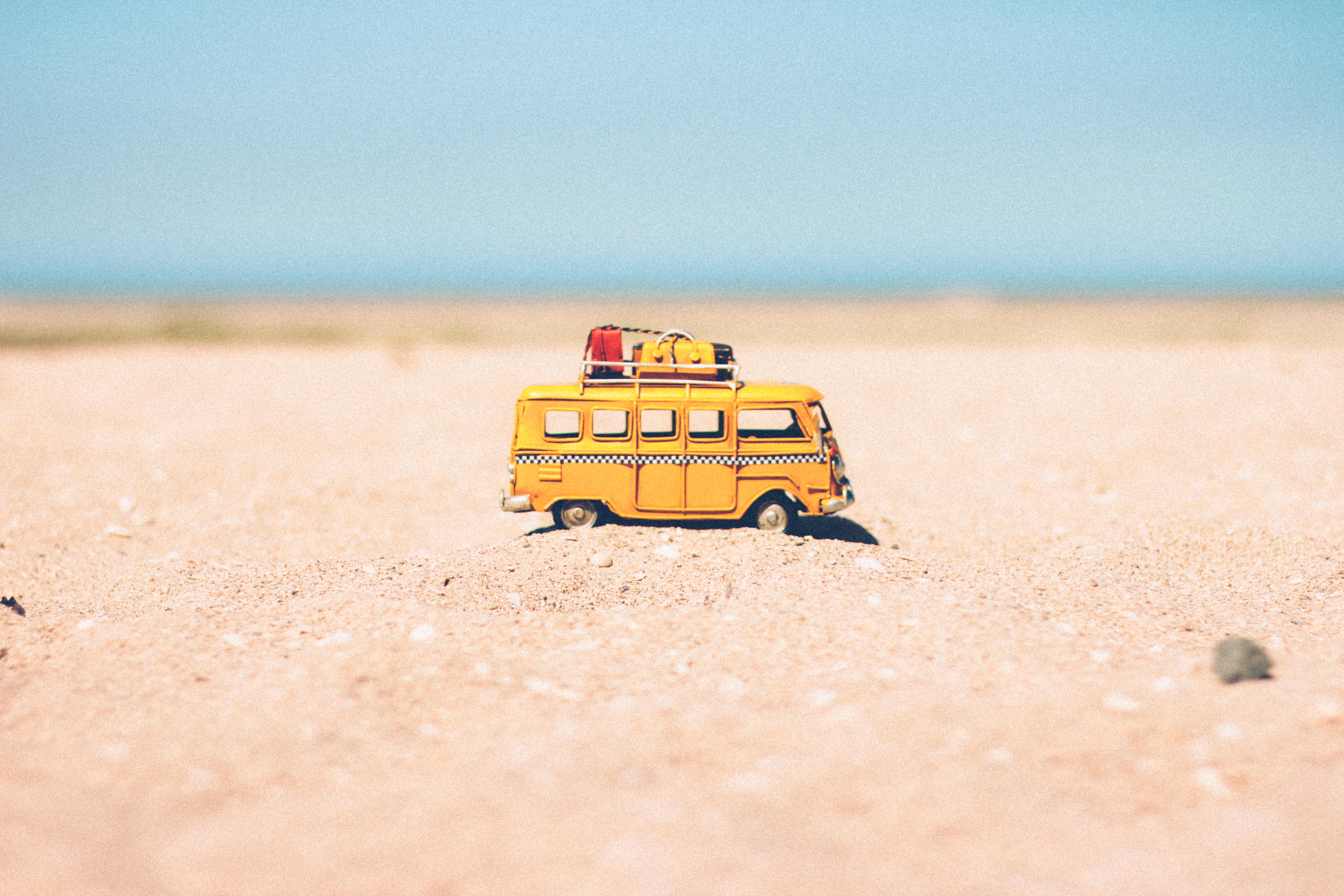 toy, yellow, beach, sand, miscellanea, miscellaneous, bus