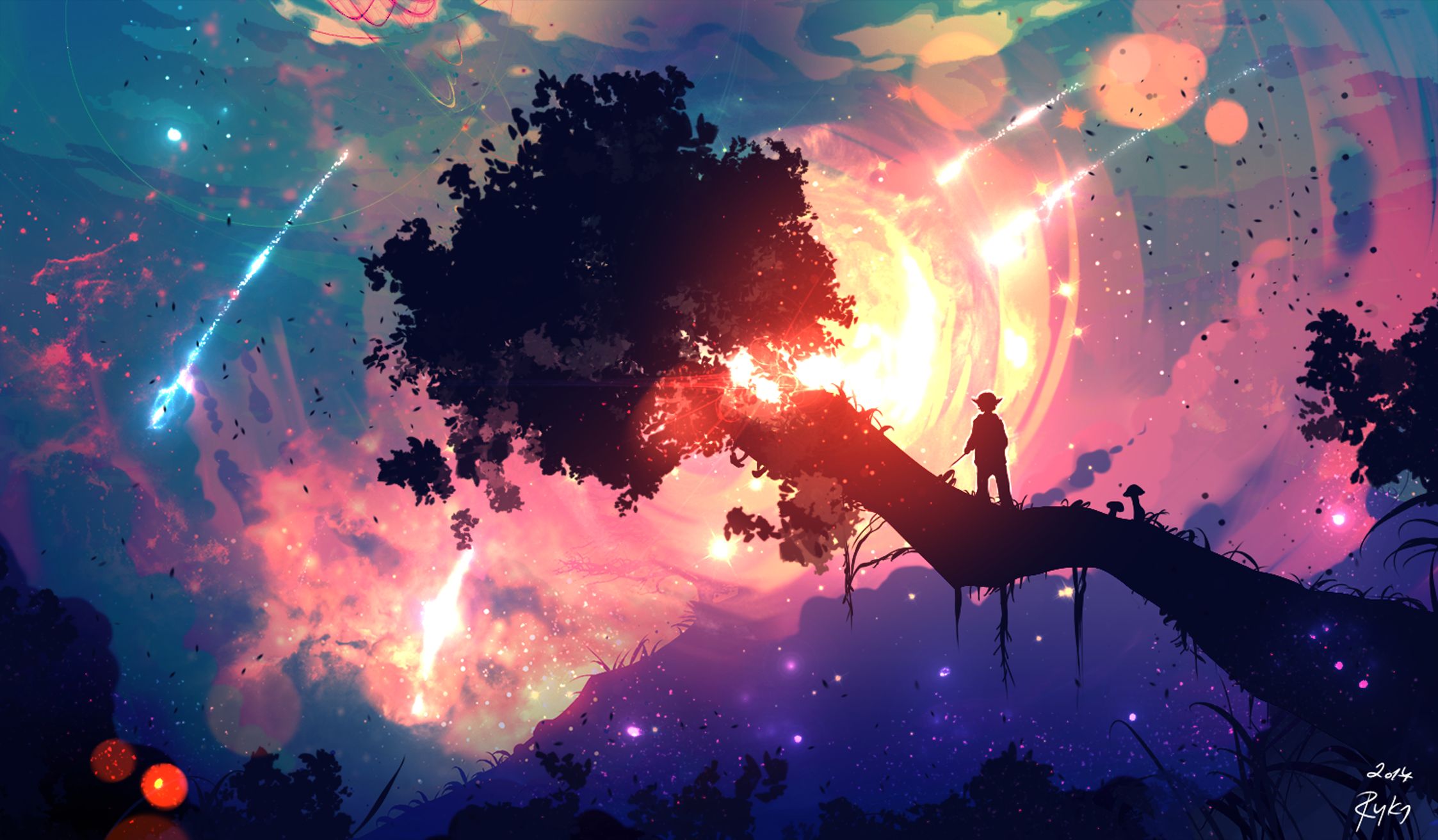comet, anime, original, fantasy, sky, tree