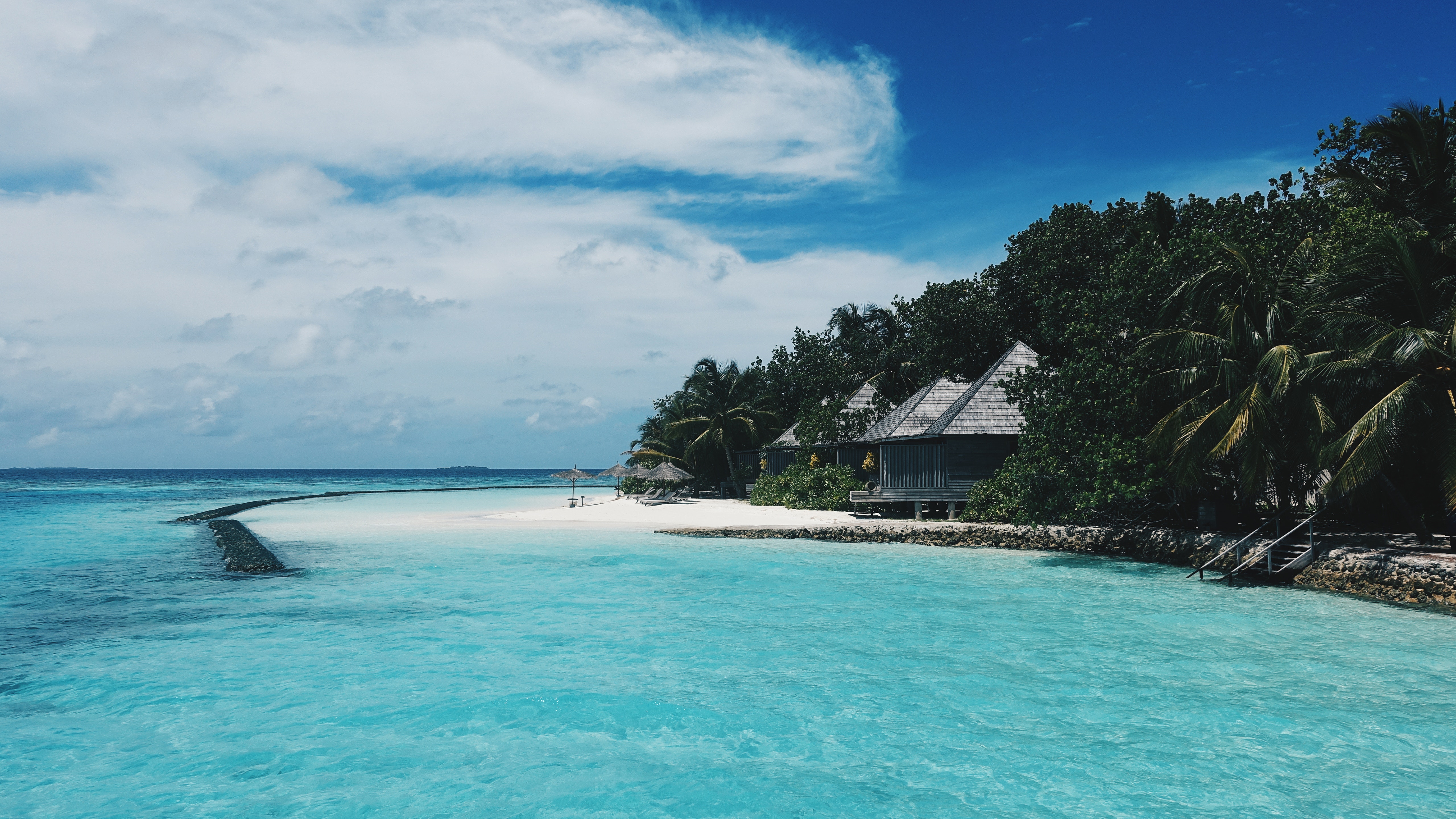 summer, trees, maldives, bungalow, tropics, nature, beach 4K