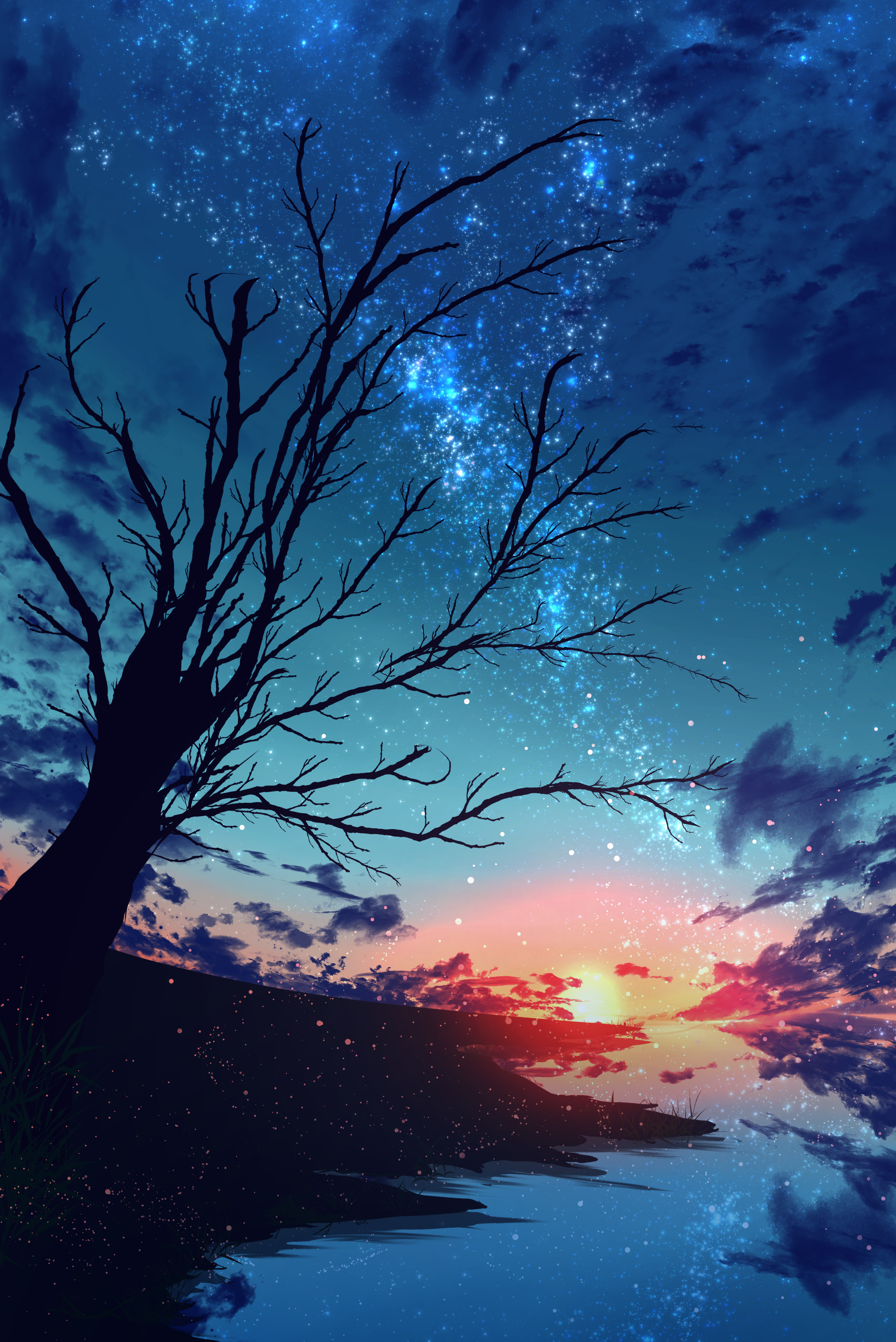Mobile wallpaper art, sunset, stars, wood, tree, branches, nebula, particles