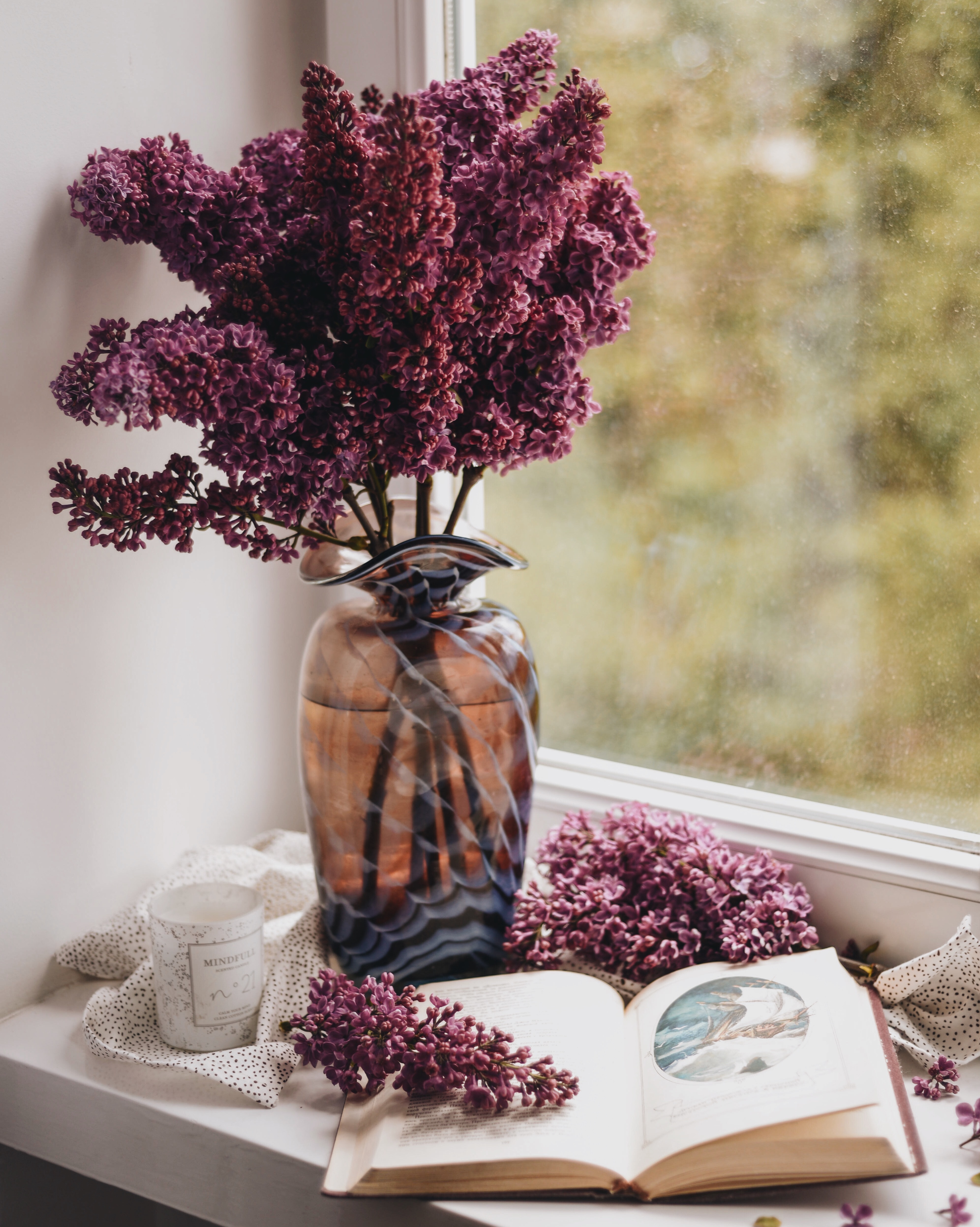 comfort, vase, lilac, miscellanea, miscellaneous, window, book, coziness