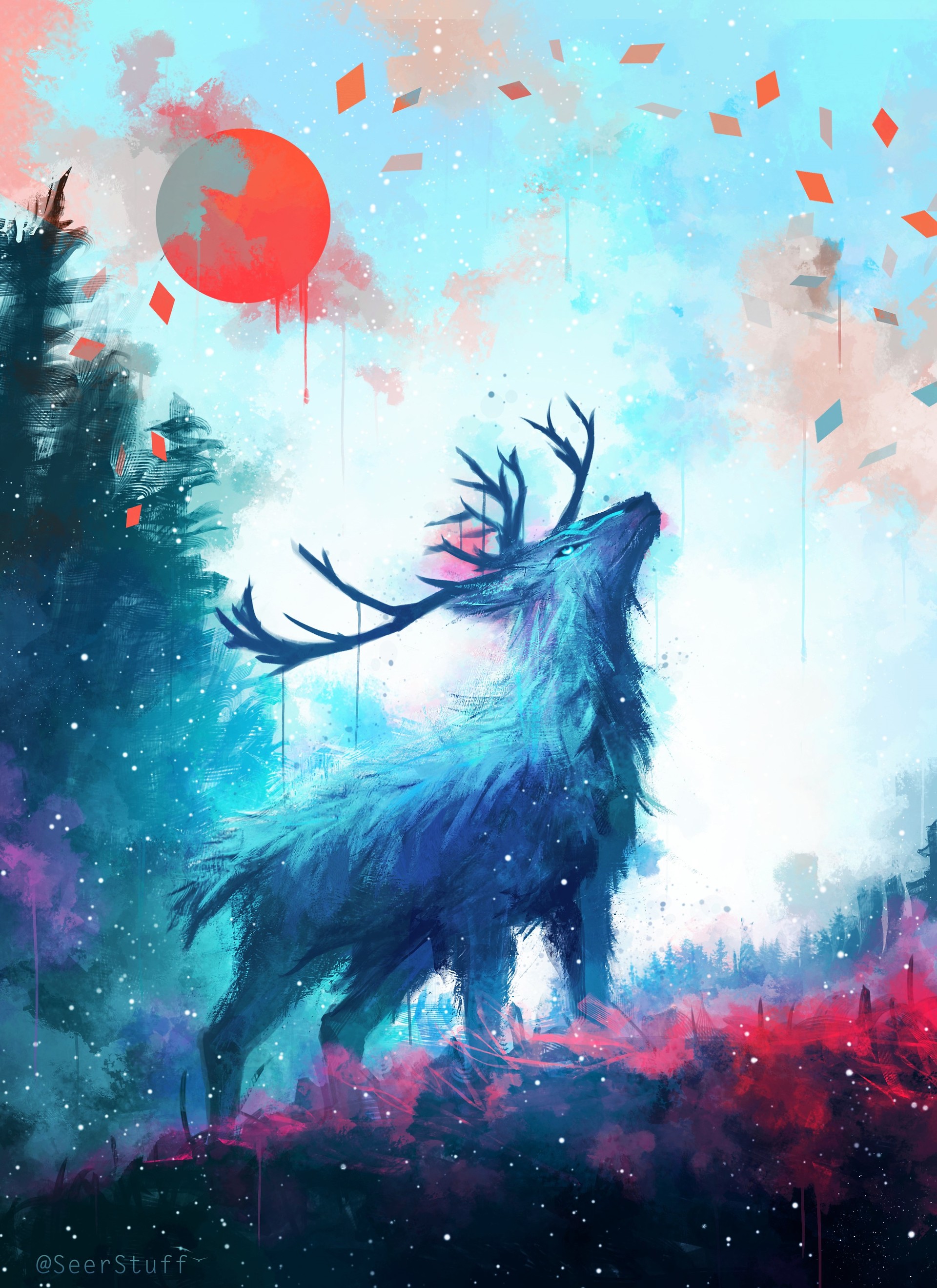 deer, art, flow, horns, sun, paint, drips