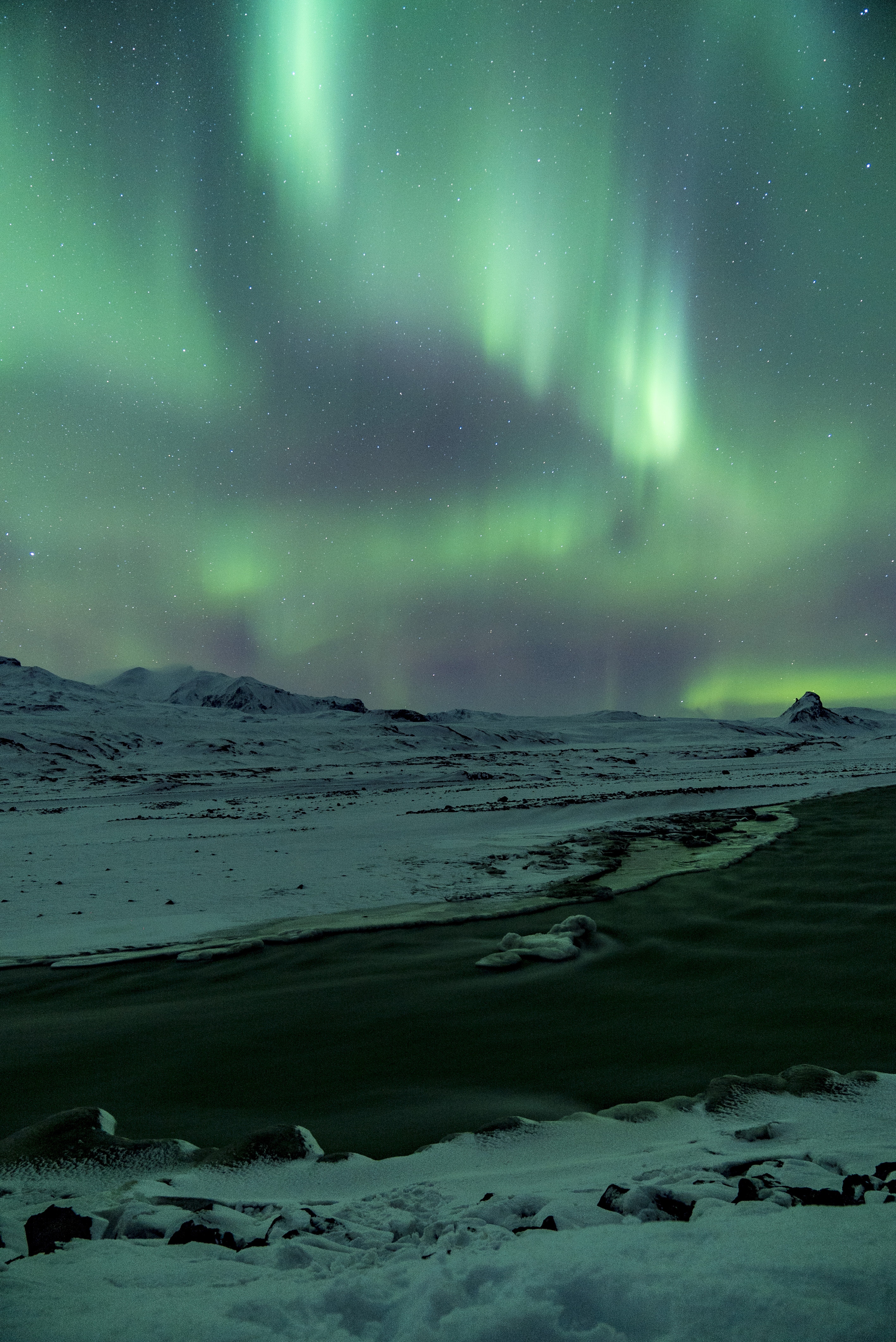 ice, winter, nature, rivers, snow, northern lights, aurora borealis, aurora HD wallpaper