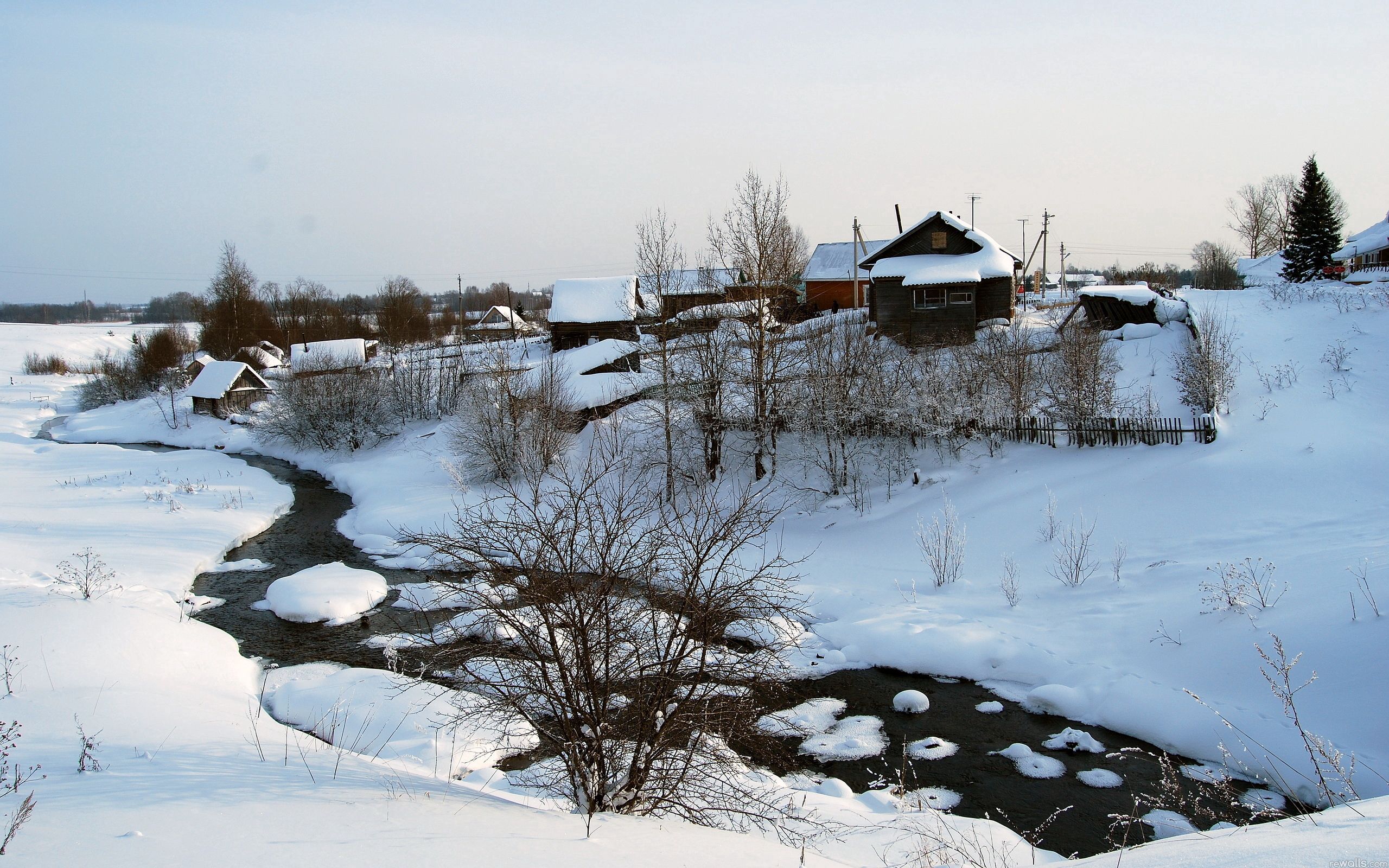 winter, nature, snow, bush, house, river, calmness, tranquillity