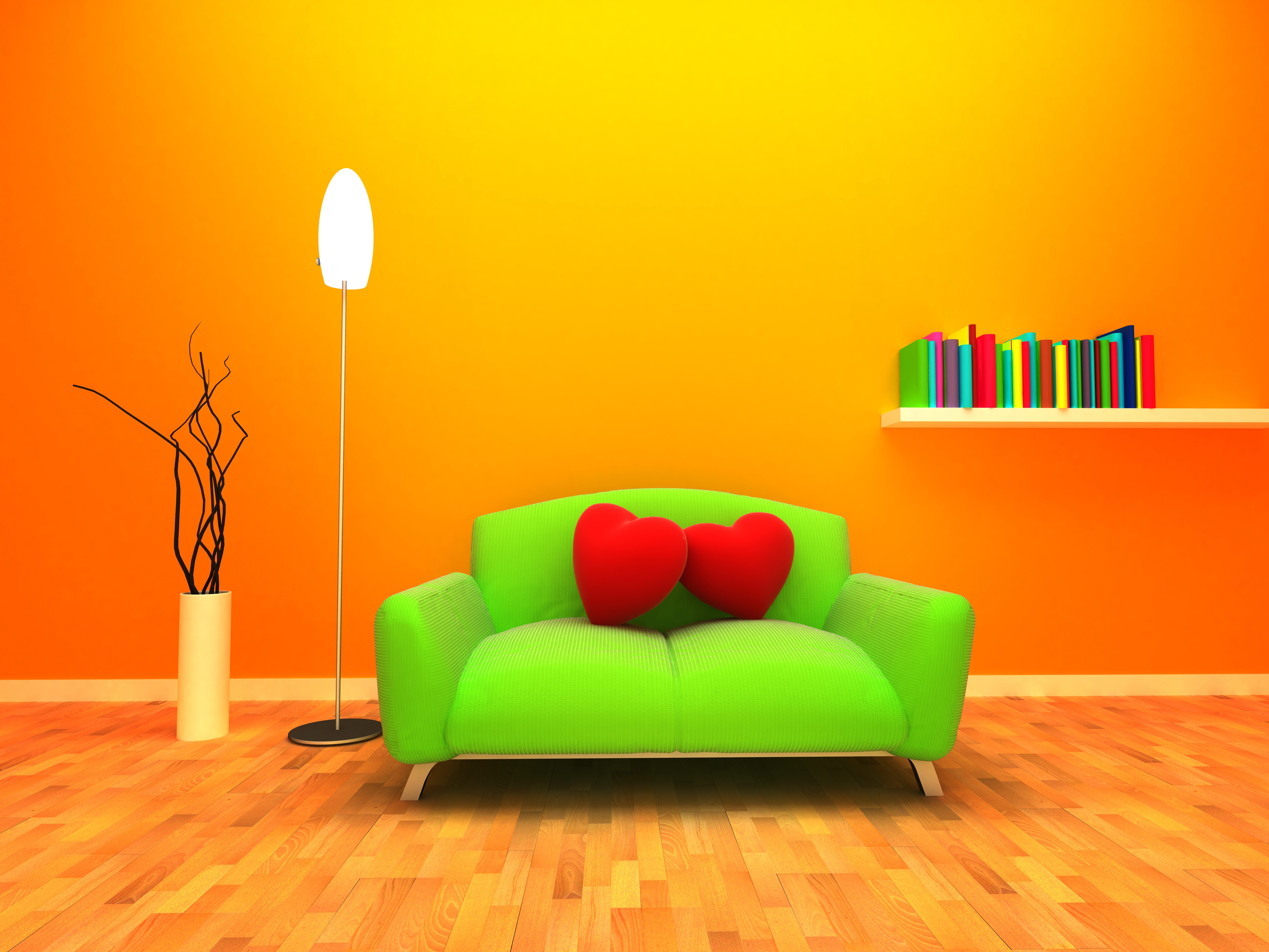 67486 Bild herunterladen herzen, verschiedenes, sonstige, zimmer, sofa, 3d-grafik, 3d-grafiken, orangefarbener hintergrund, orange hintergrund - Hintergrundbilder und Bildschirmschoner kostenlos