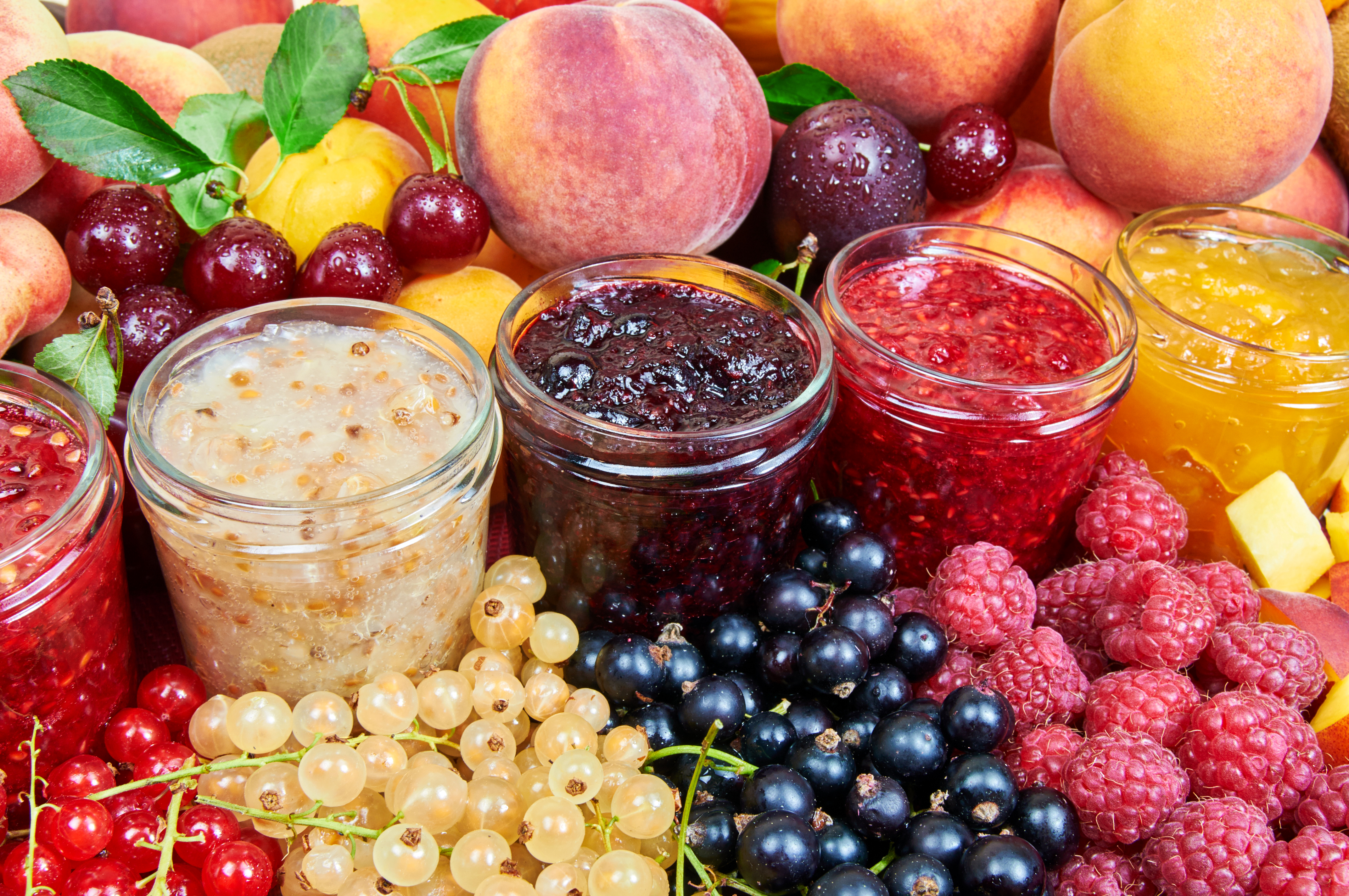 food, fruit, berry, currants, jam, jar, peach, raspberry, fruits
