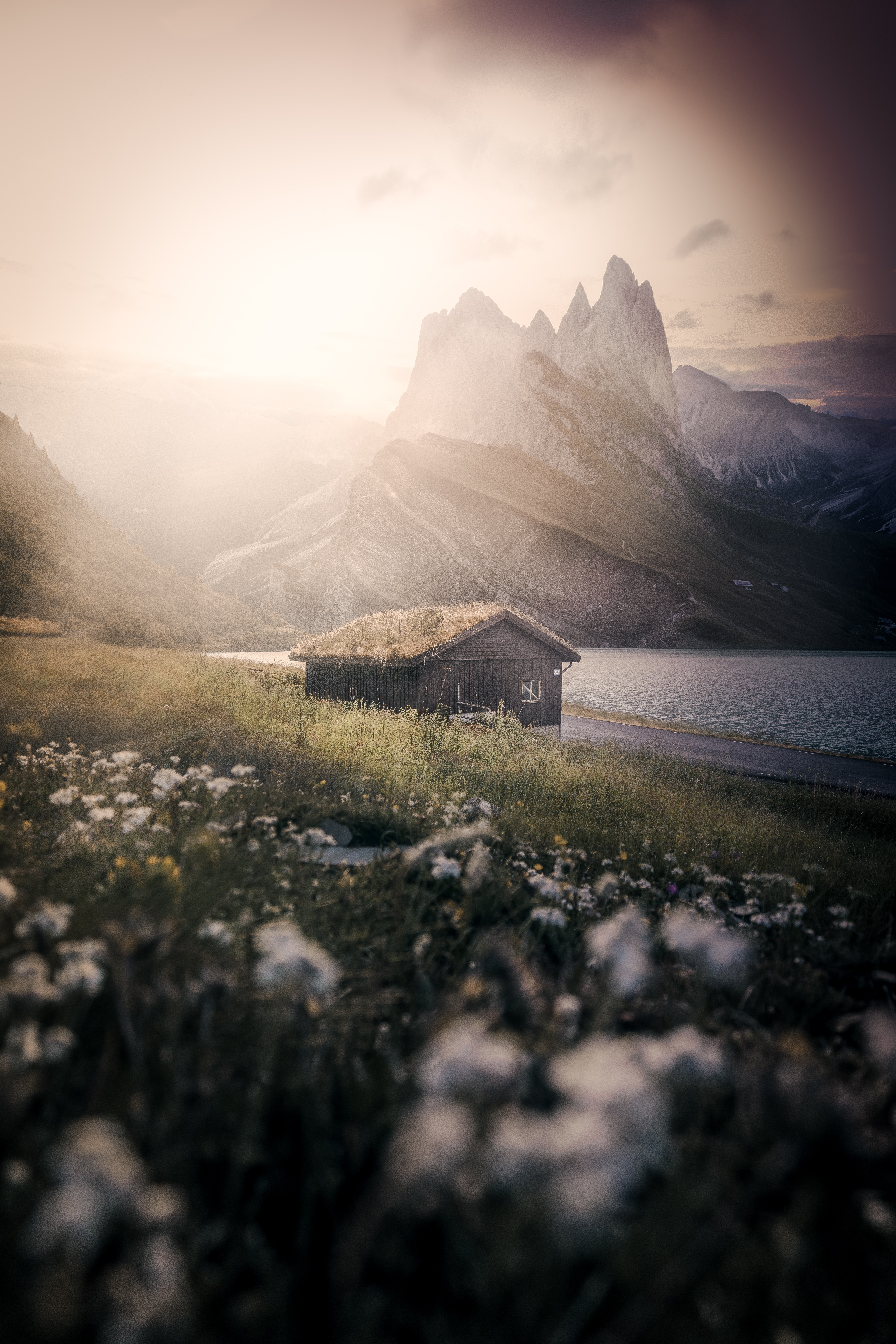 android nature, small house, grass, mountains, lake, fog, lodge