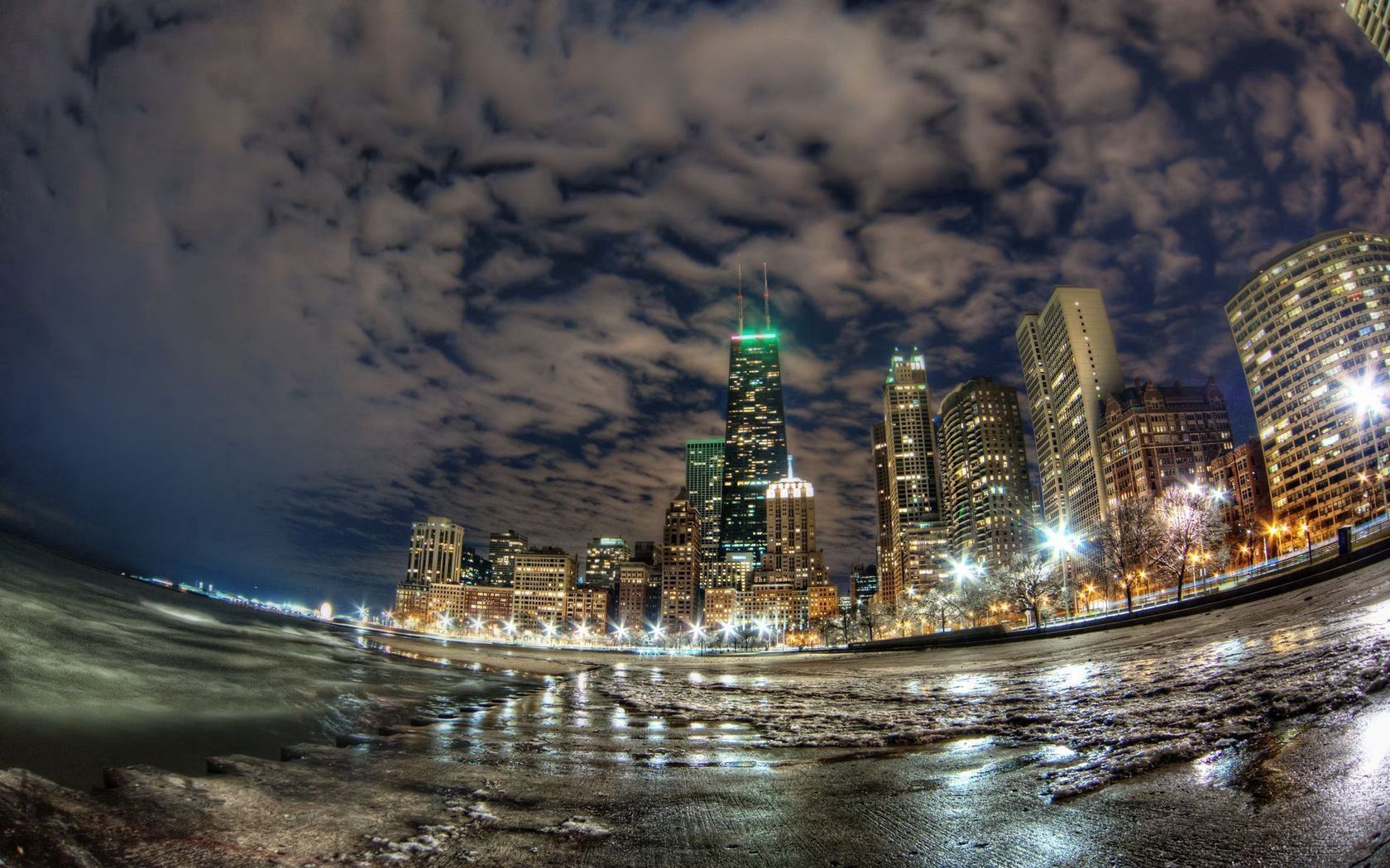 building, cities, lights, coast, ocean, night city, skyscrapers, chicago, fish eye for android