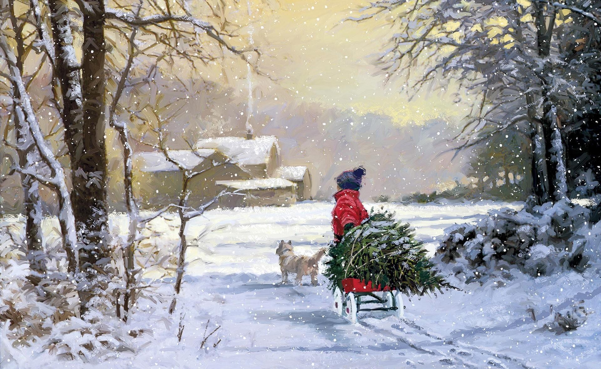 house, christmas tree, holidays, winter, smoke, picture, human, person, sleigh, sledge 8K