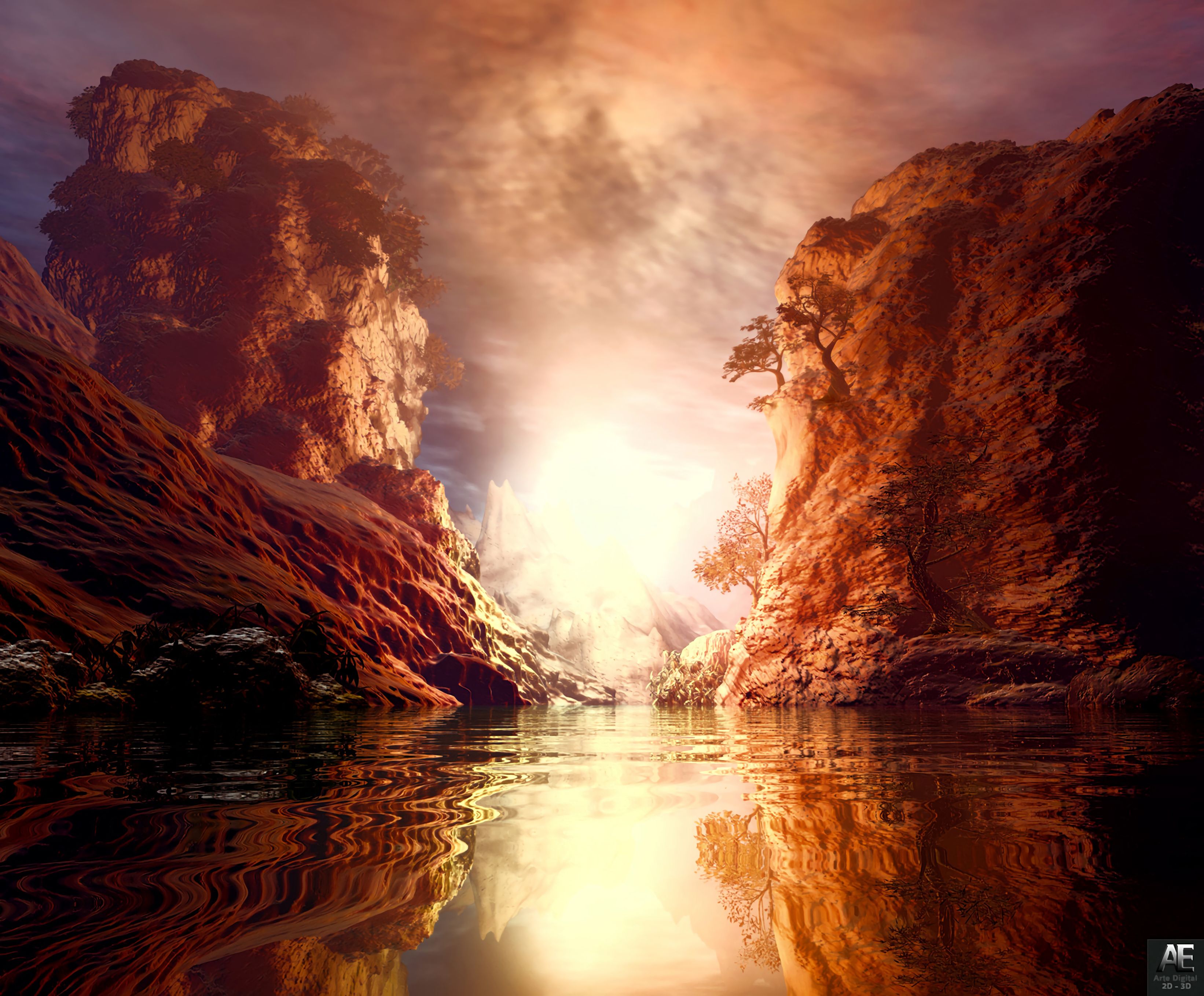 rocks, landscape, art, lake, reflection HD wallpaper