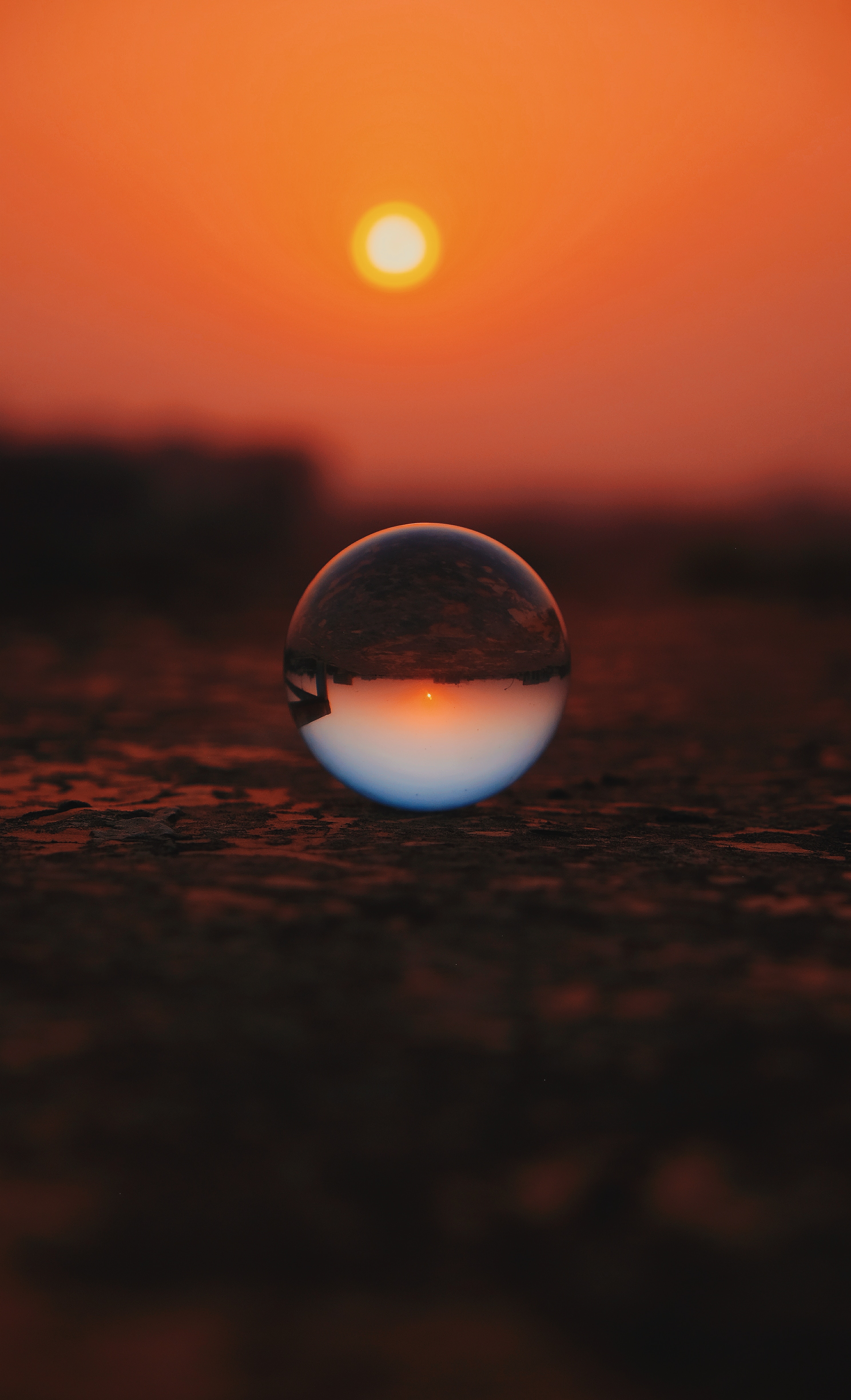 sunset, reflection, transparent, macro, glass, ball for android