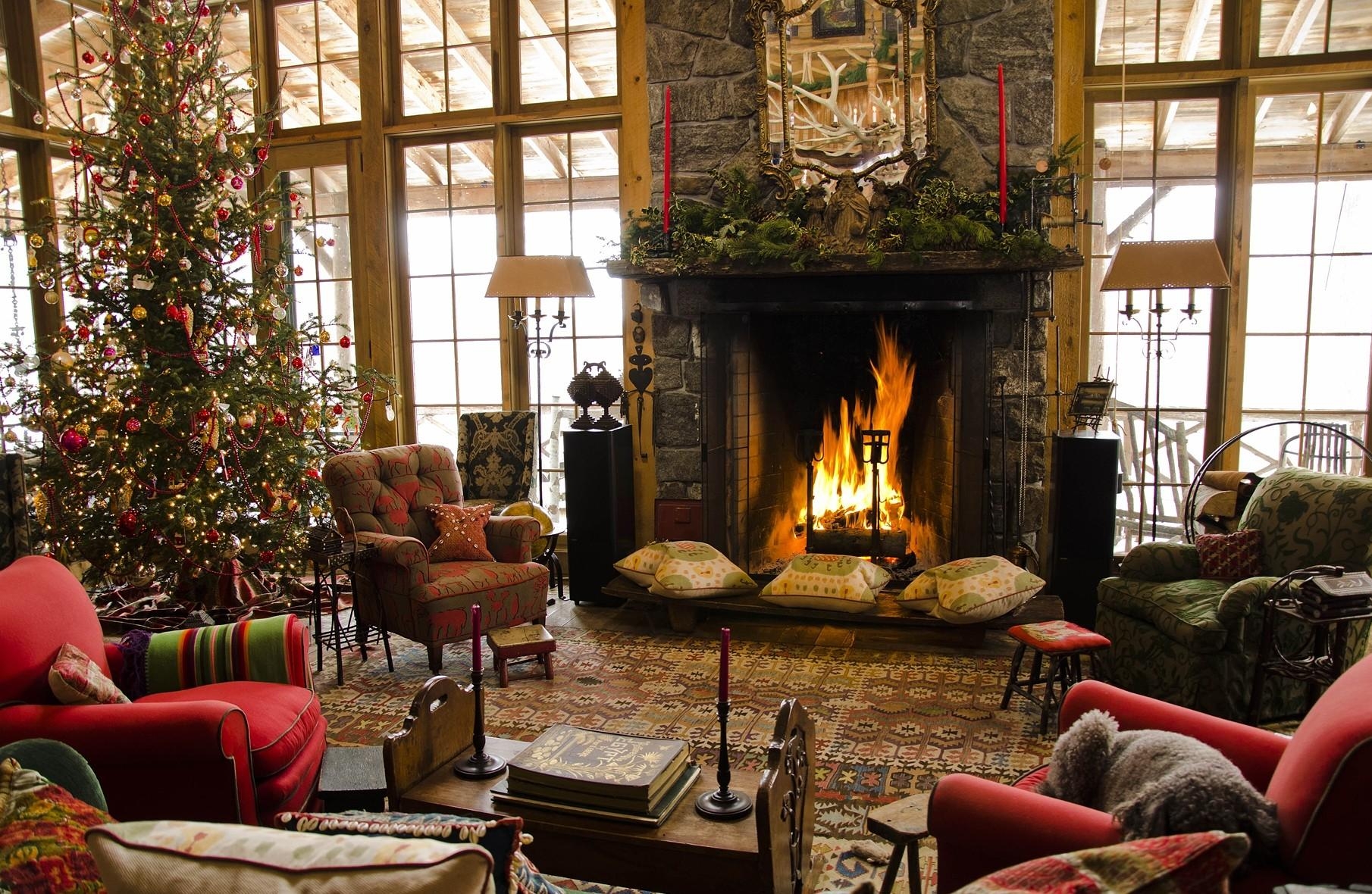 comfort, holidays, christmas, house, spruce, fir, coziness, chairs, fireplace, armchairs