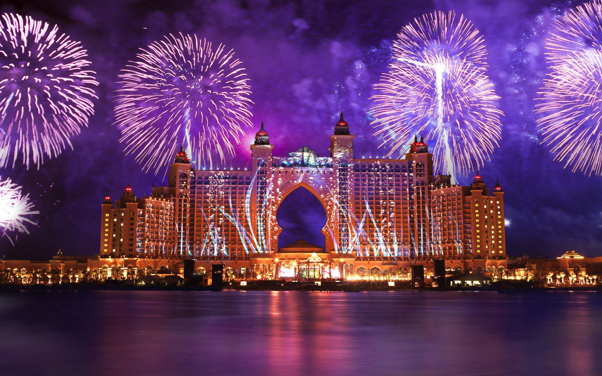 Laden Sie das Wasser, Städte, Salute, Dubai, Feuerwerk-Bild kostenlos auf Ihren PC-Desktop herunter