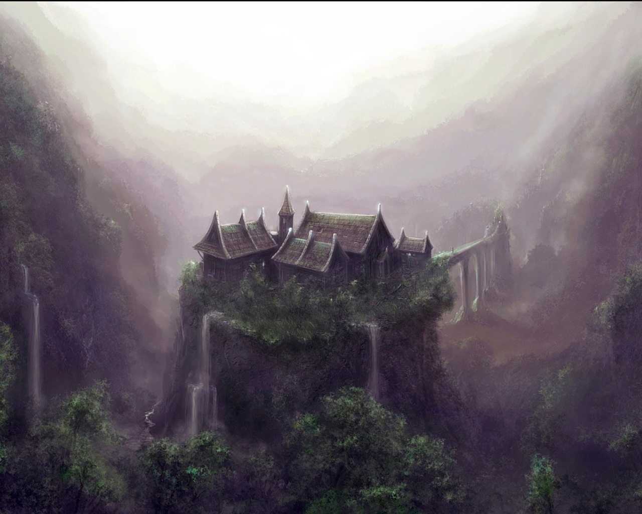 Desktop home screen Wallpaper waterfall, landscape, fantasy, valley Fog