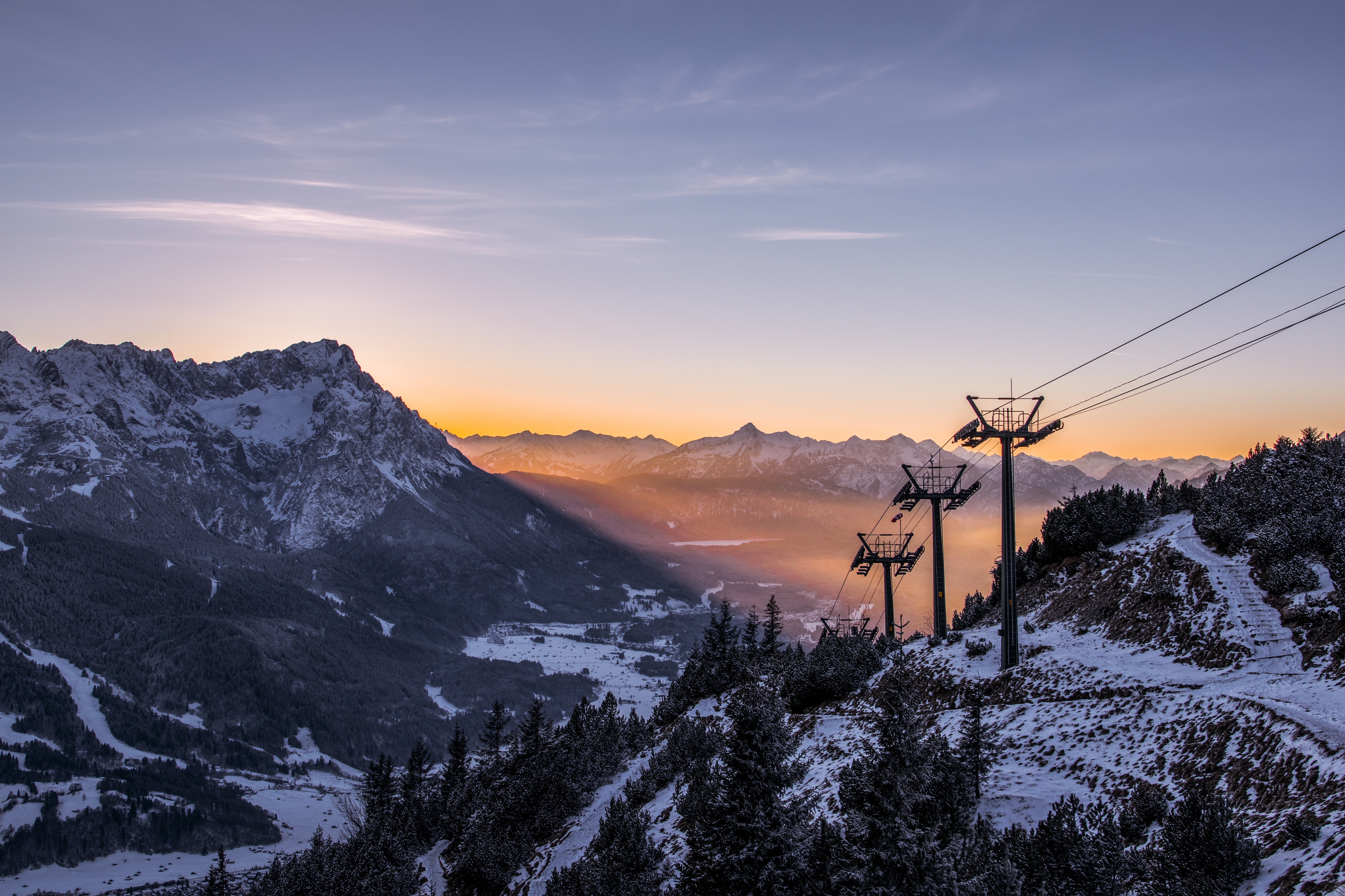 landscape, nature, trees, mountains, dawn, pillars, posts, cable car, cableway 4K Ultra
