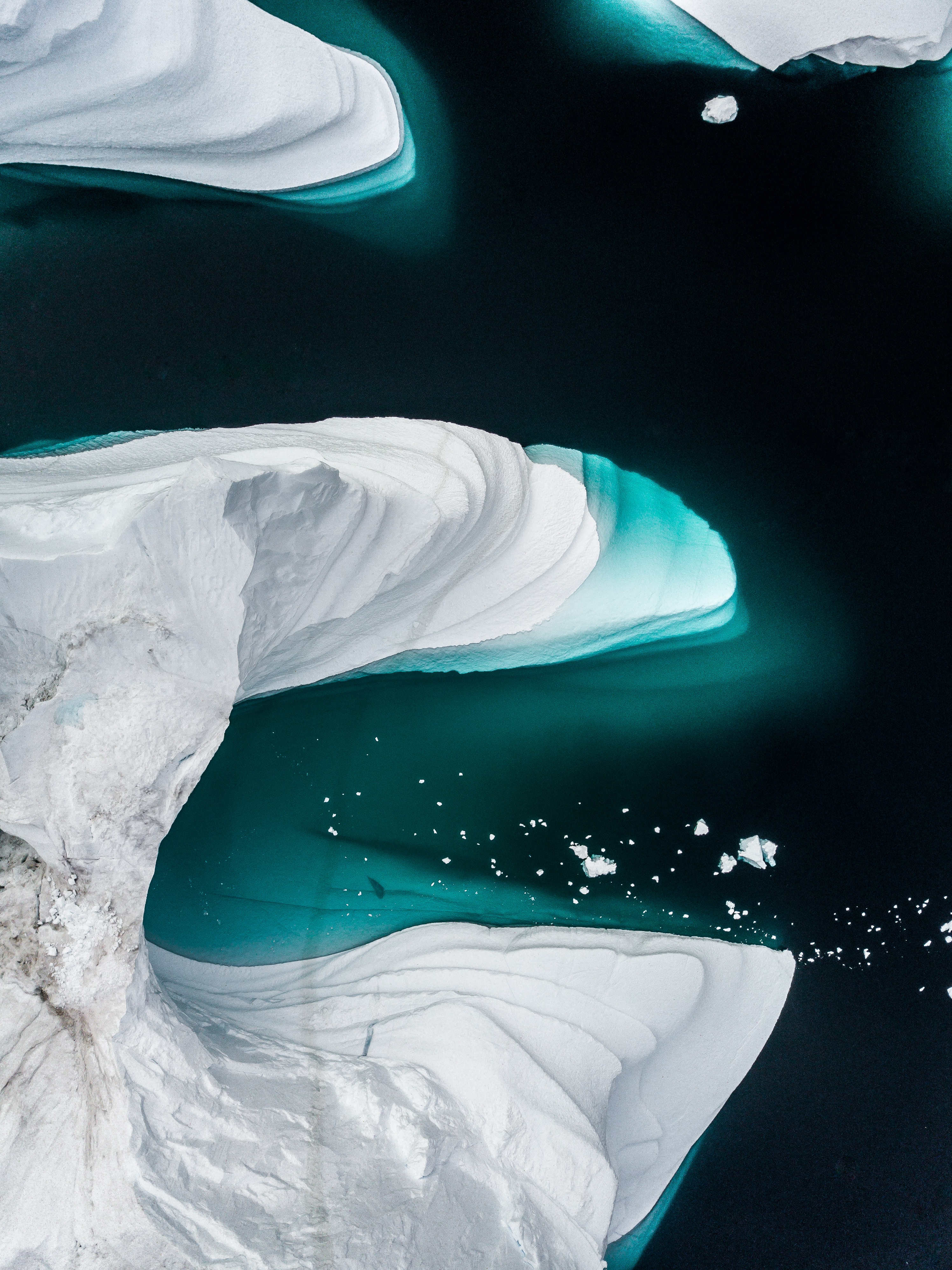 glacier, nature, water, ice, icebergs, view from above QHD