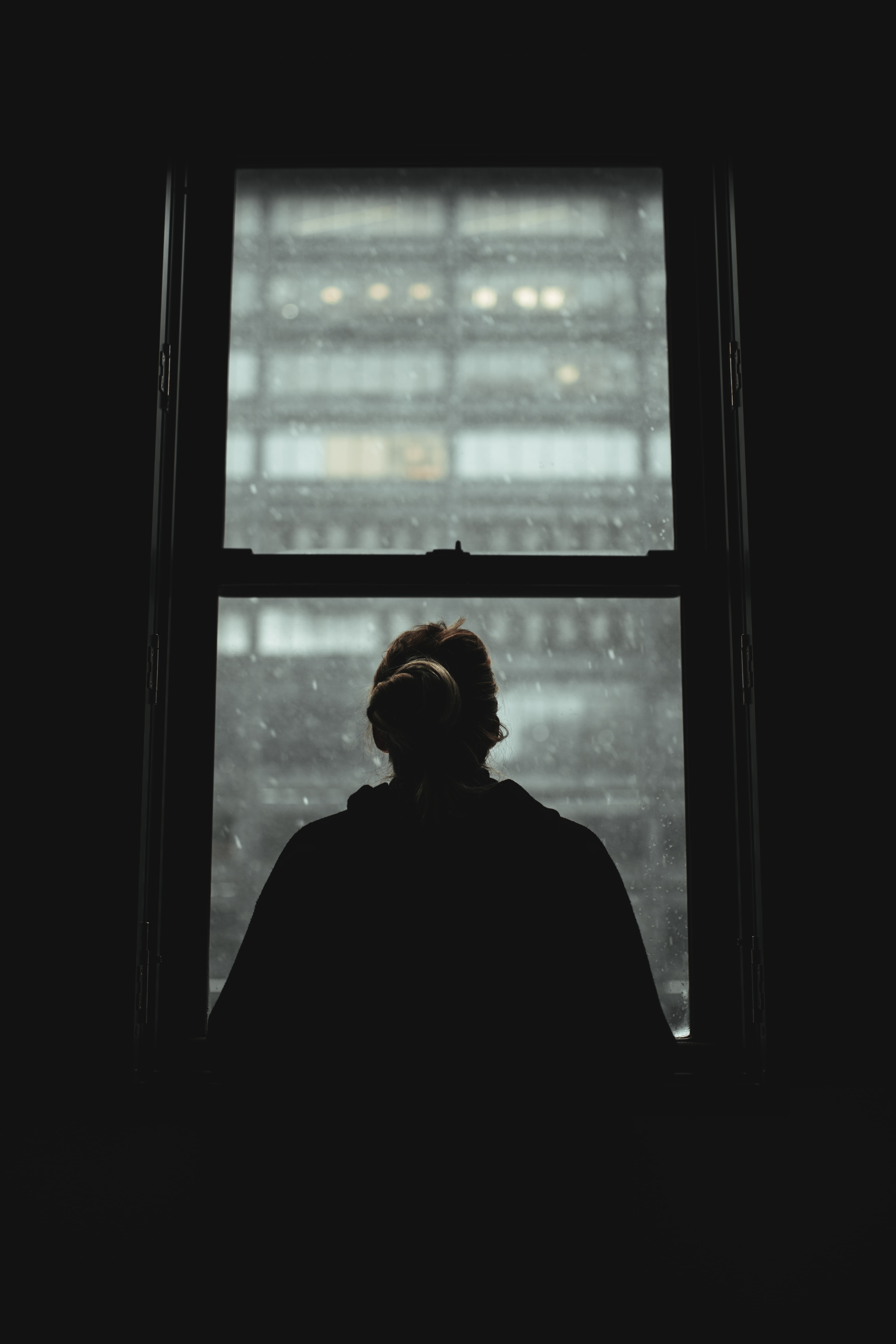 dark, loneliness, girl, silhouette, window, view 4K