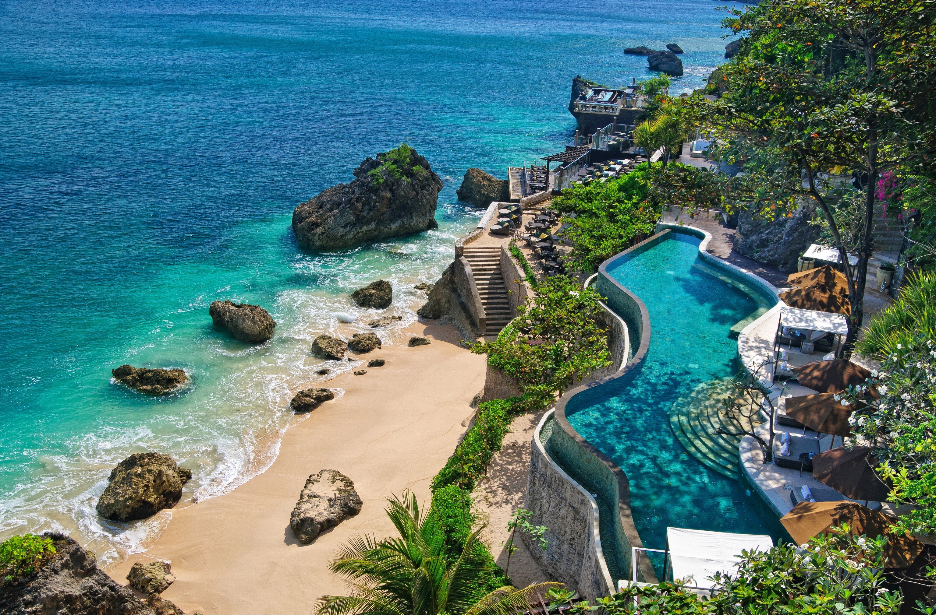bali, indonesia, resort, beach, tropical, man made, ocean, pool