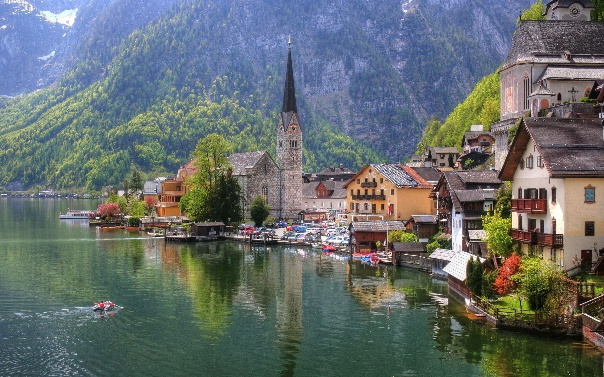 church, austria, lake, cities, houses, city