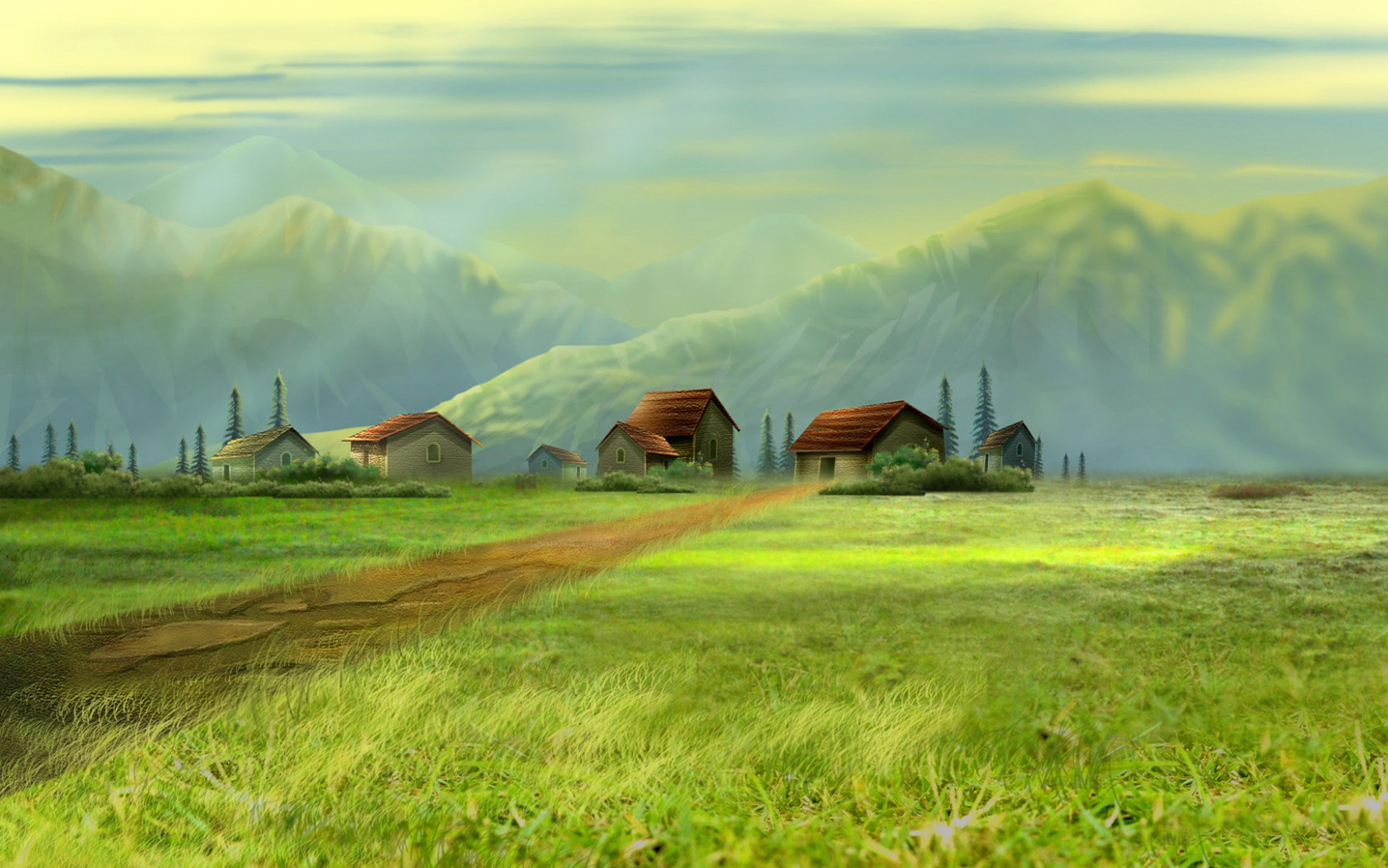 Laden Sie das Landschaft, Häuser, Bäume, Grass, Mountains, Bilder-Bild kostenlos auf Ihren PC-Desktop herunter