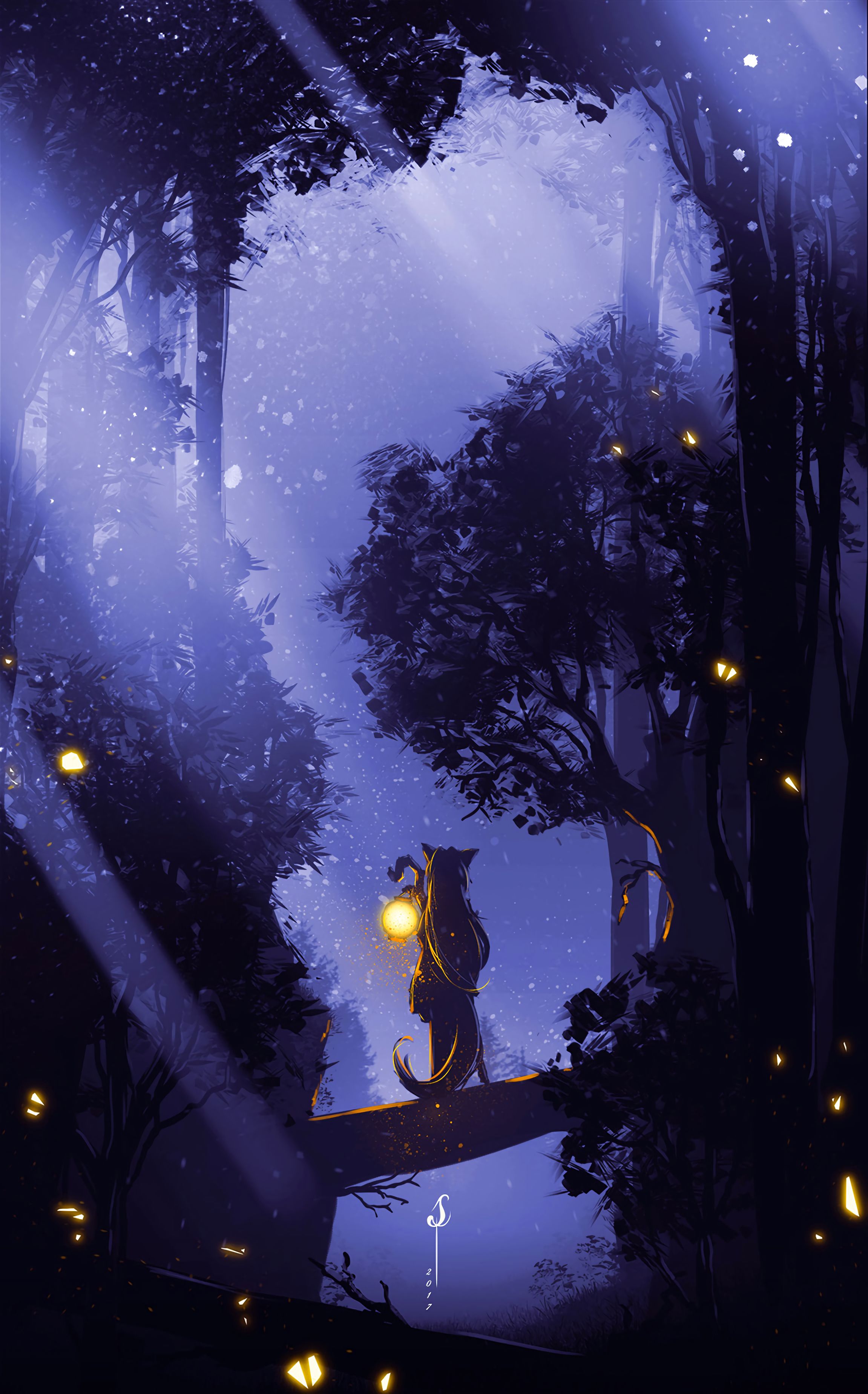 art, silhouette, loneliness, forest, fog, lamp, lantern Full HD