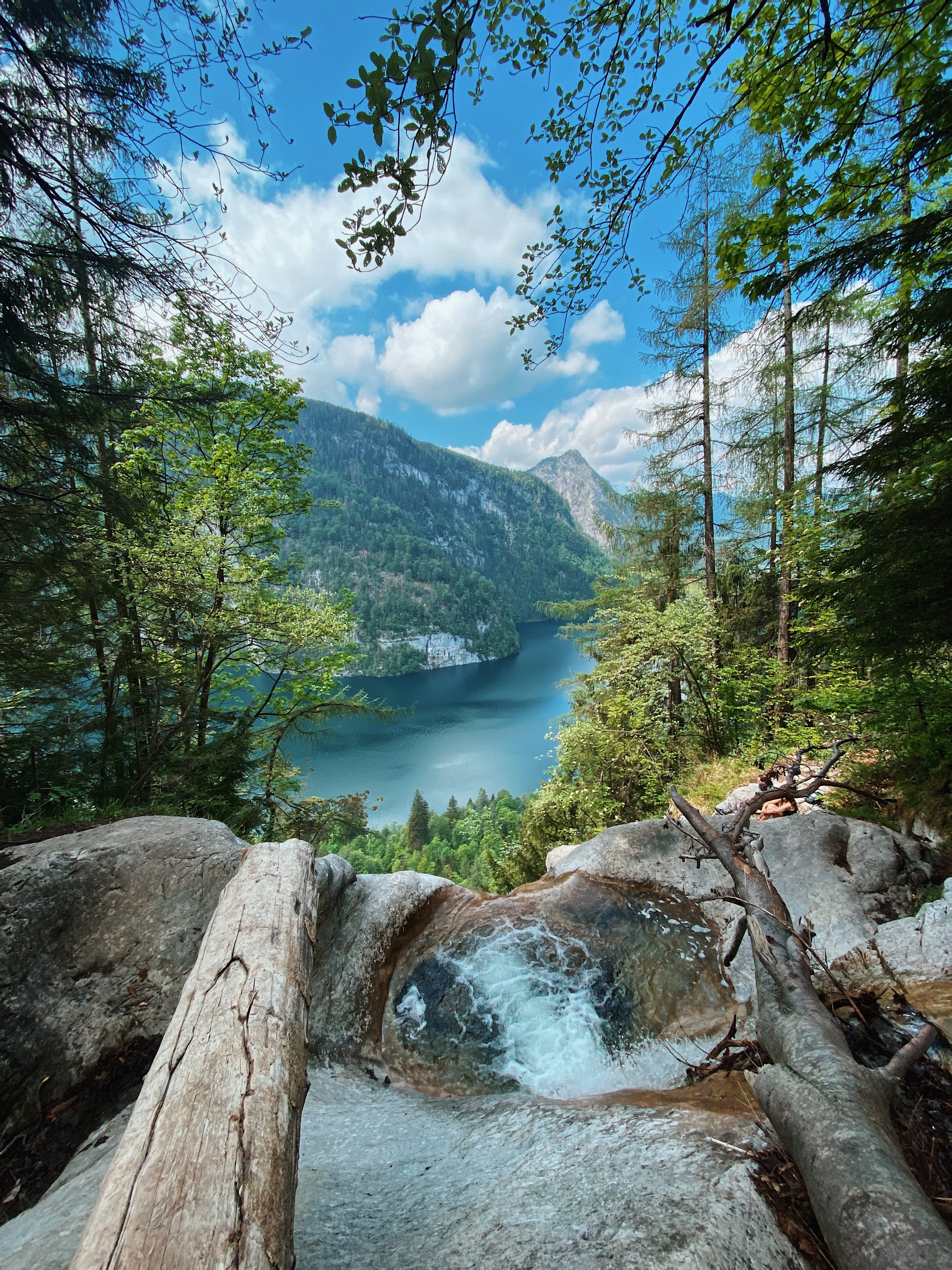 waterfall, trees, nature, rock, lake, break, precipice cellphone