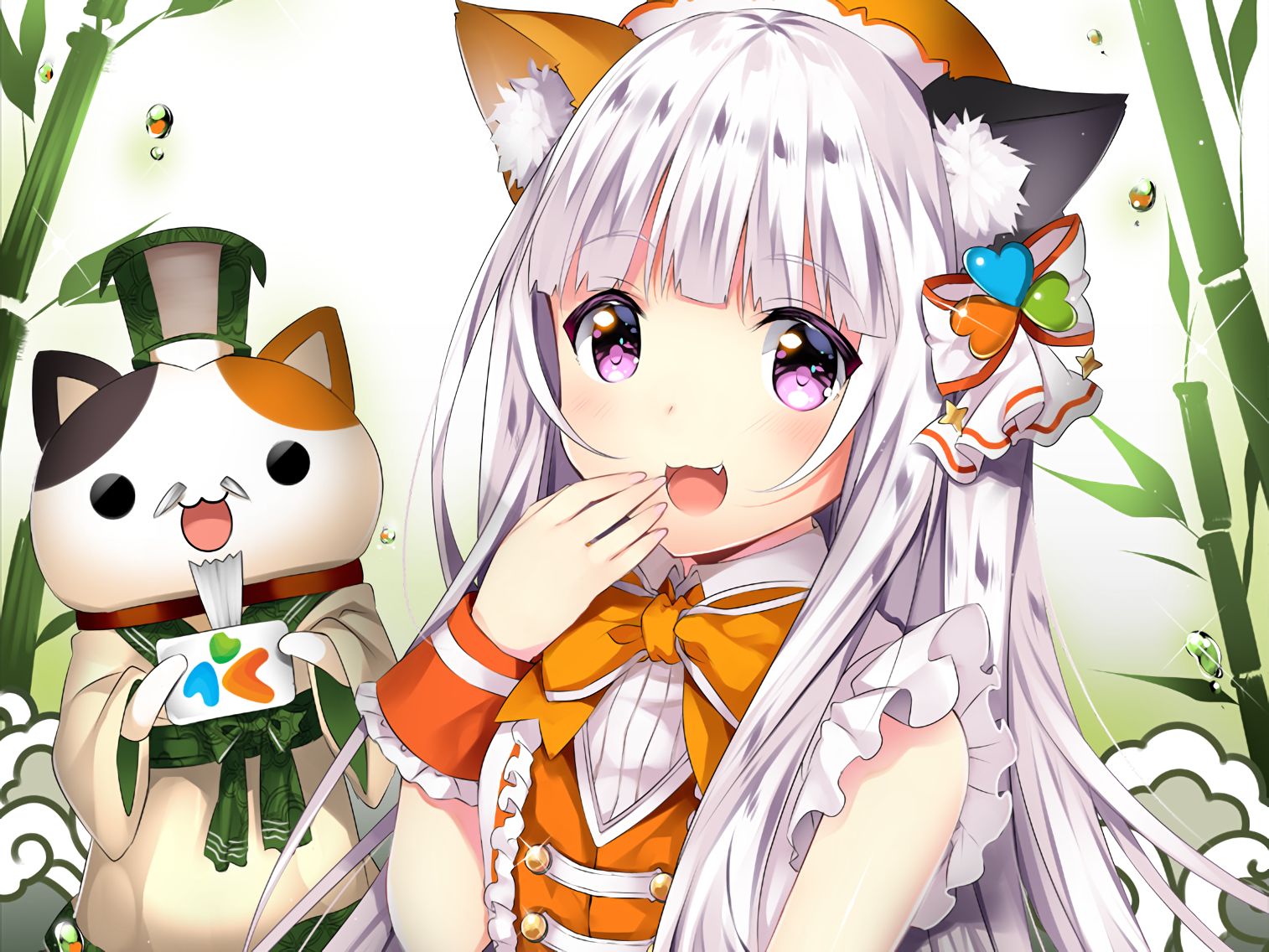 HD desktop wallpaper: Anime, Cat, Smile, Original, Long Hair, Purple Eyes,  White Hair, Animal Ears, Bow (Clothing), Yukata, Japanese Clothes download  free picture #757877