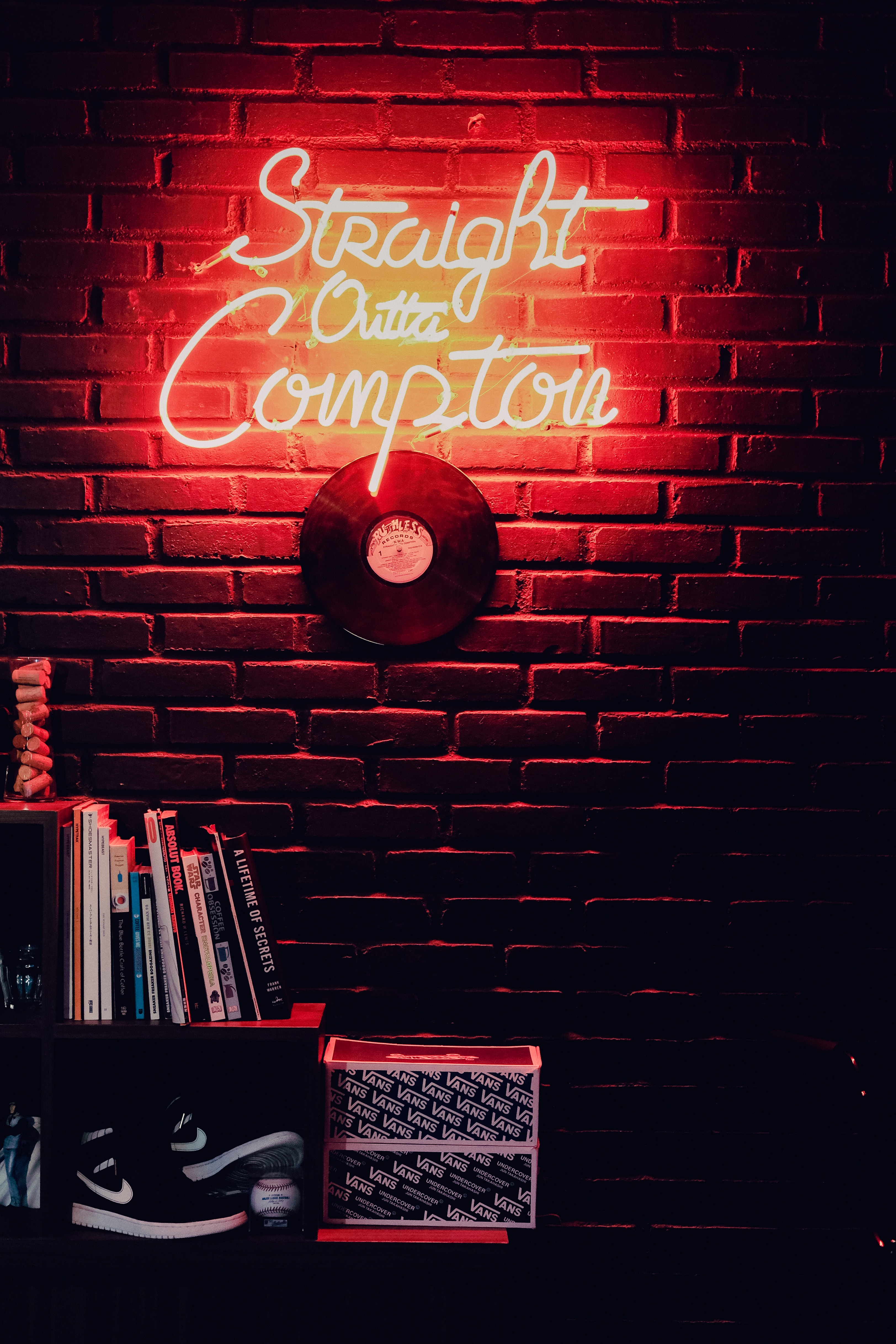 Download mobile wallpaper Neon, Wall, Inscription, Words, Plate, Shelves for free.