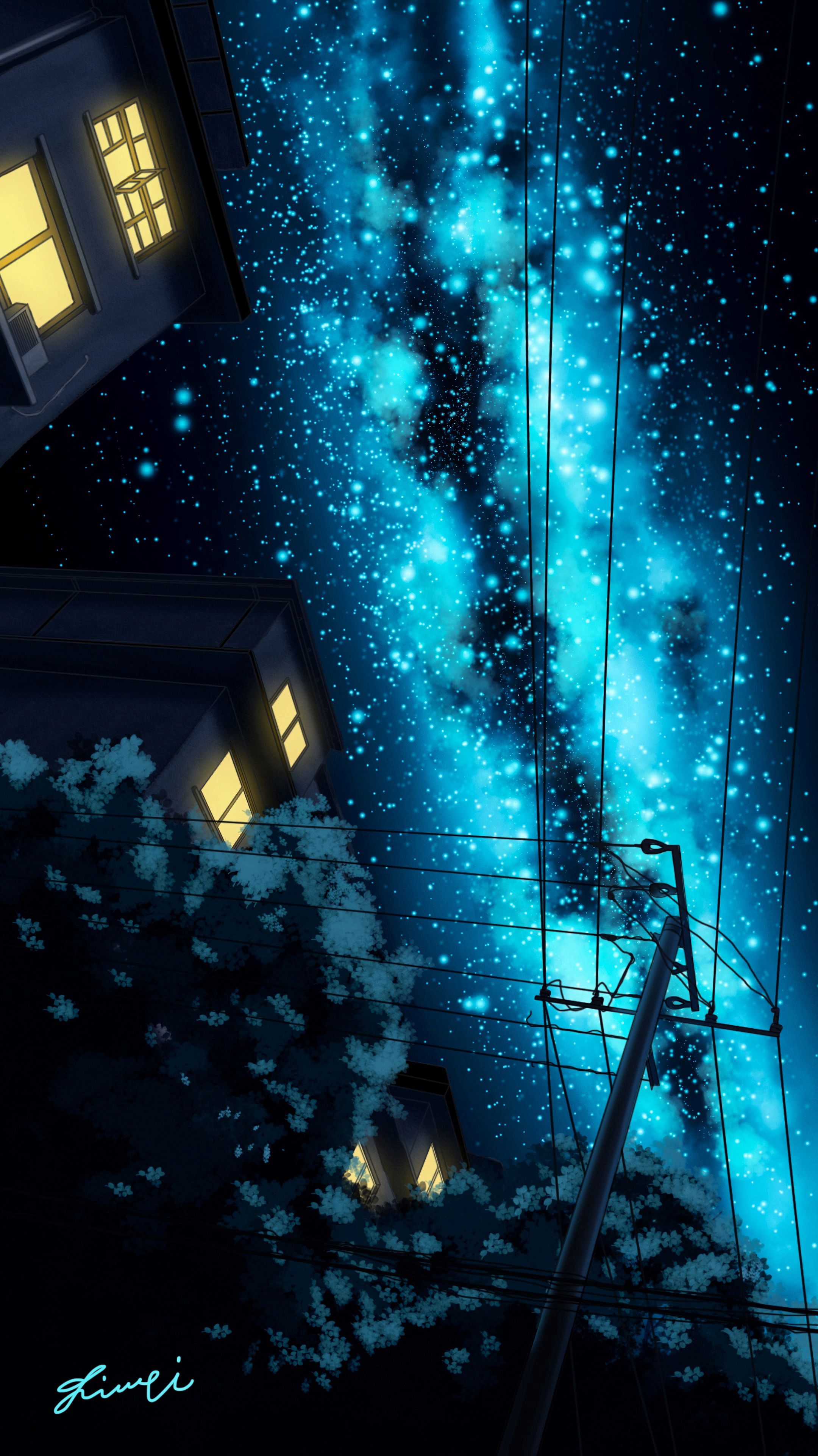 art, night, building, starry sky, pillar, post, wires, wire wallpapers for tablet
