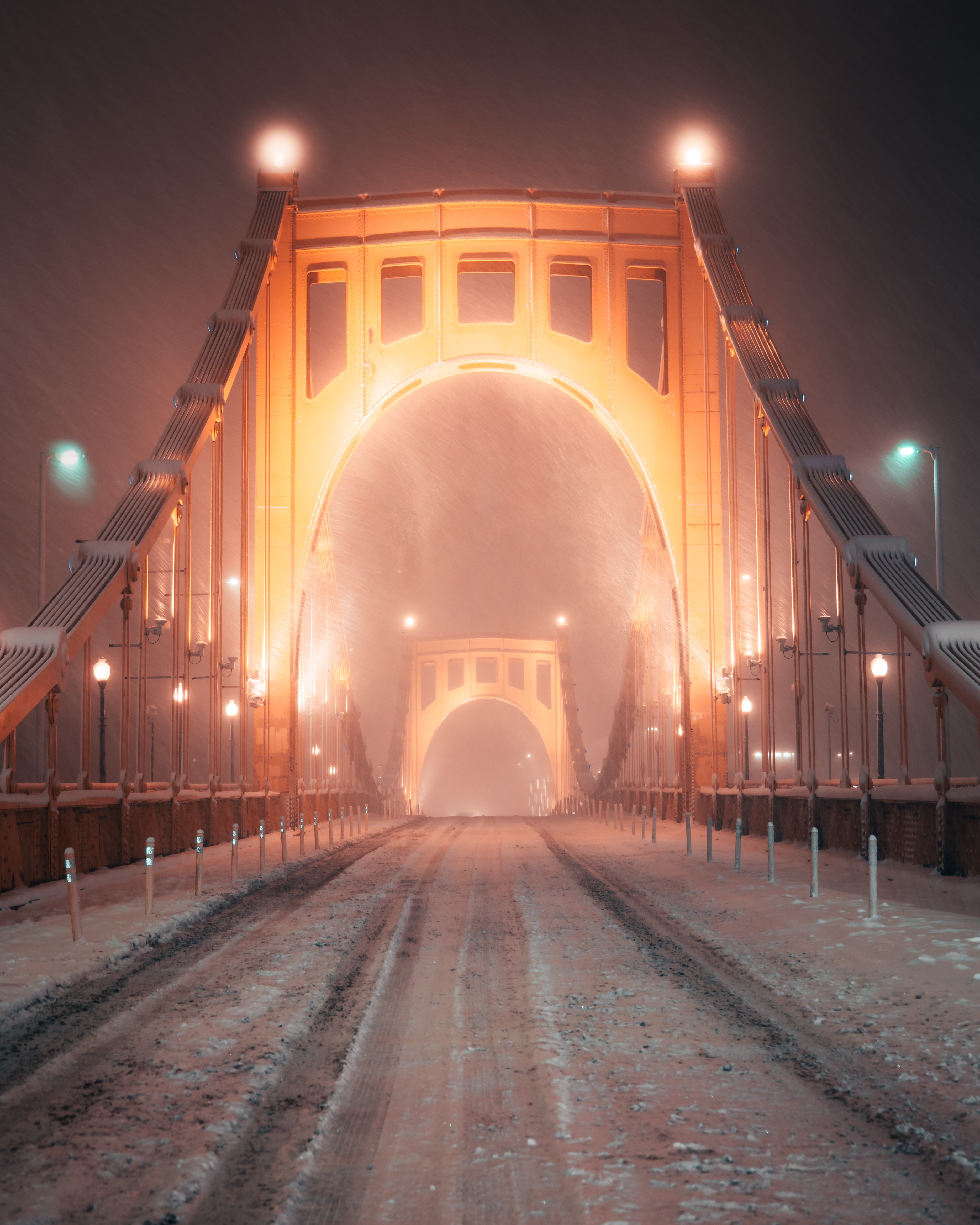 snow, night, shine, light, miscellanea, miscellaneous, road, bridge, snowstorm 1080p