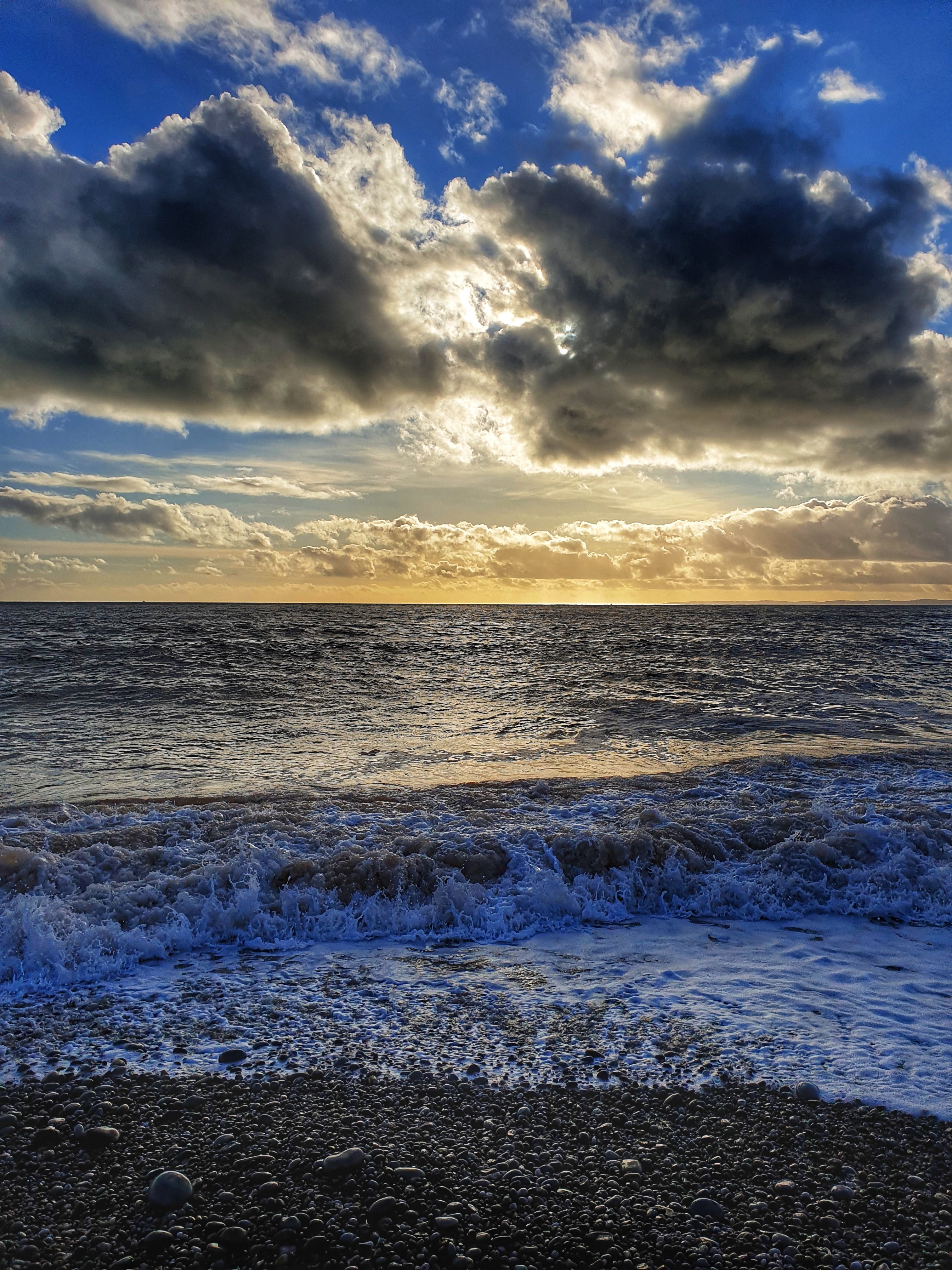 nature, pebble, sky, sea, horizon, coast 8K