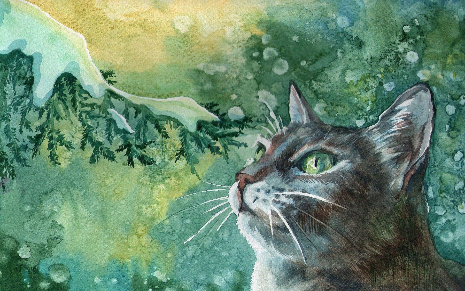 paints, winter, art, snow, cat, picture, drawing, branch, painting