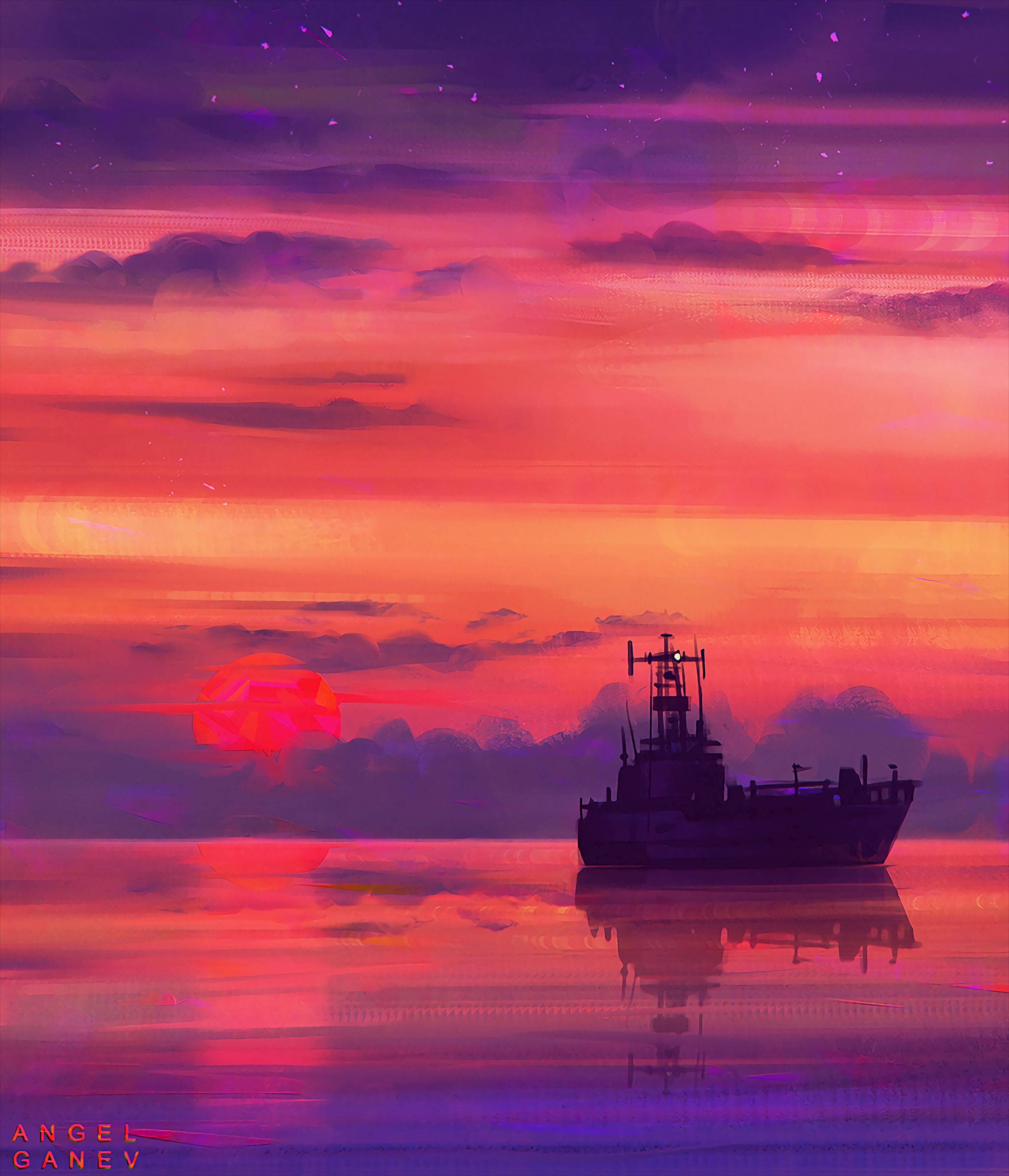 106436 Hintergrundbild herunterladen sunset, sky, kunst, sea, clouds, horizont, schiff - Bildschirmschoner und Bilder kostenlos