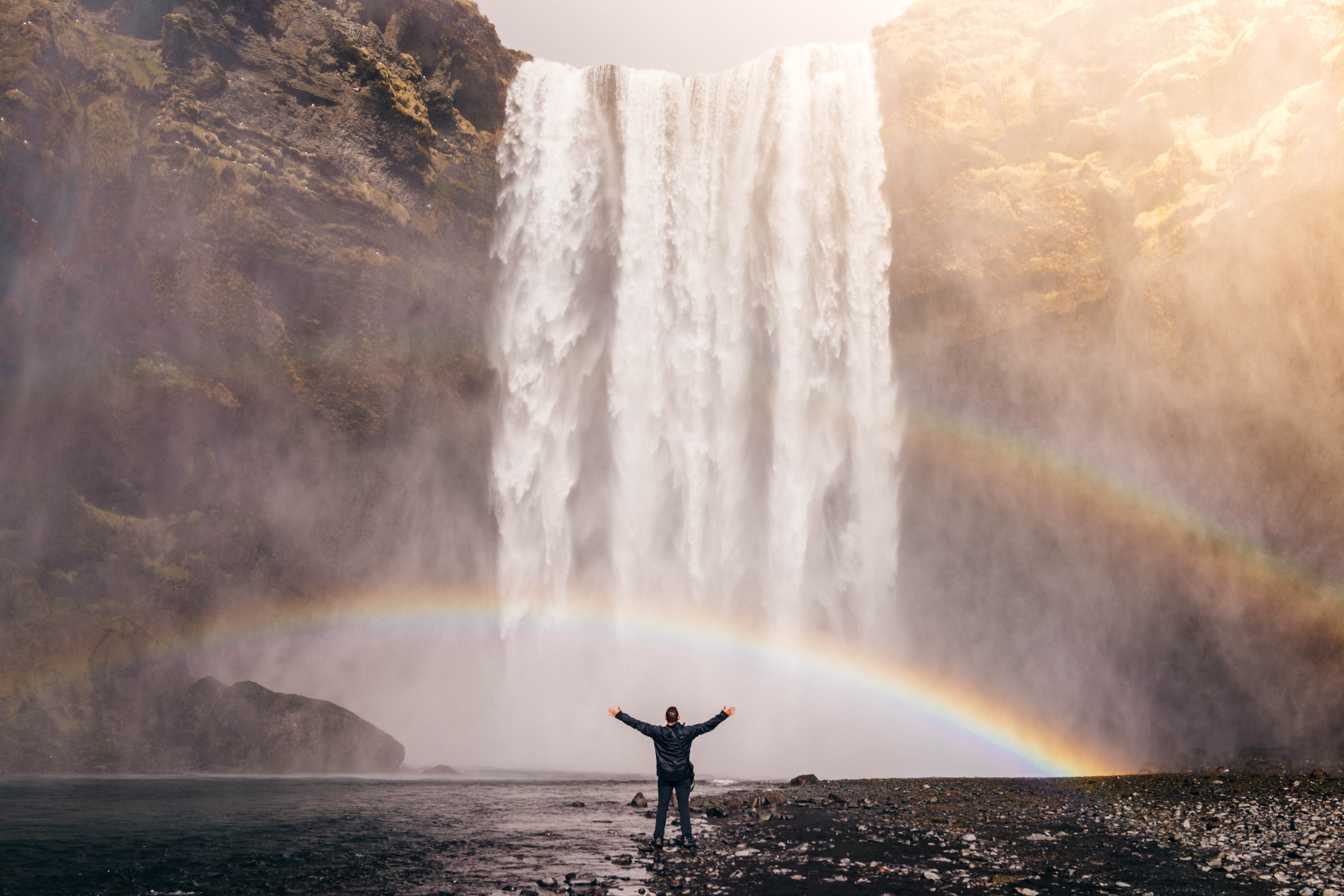 Freedom waterfall, person, rainbow, nature 4k Wallpaper