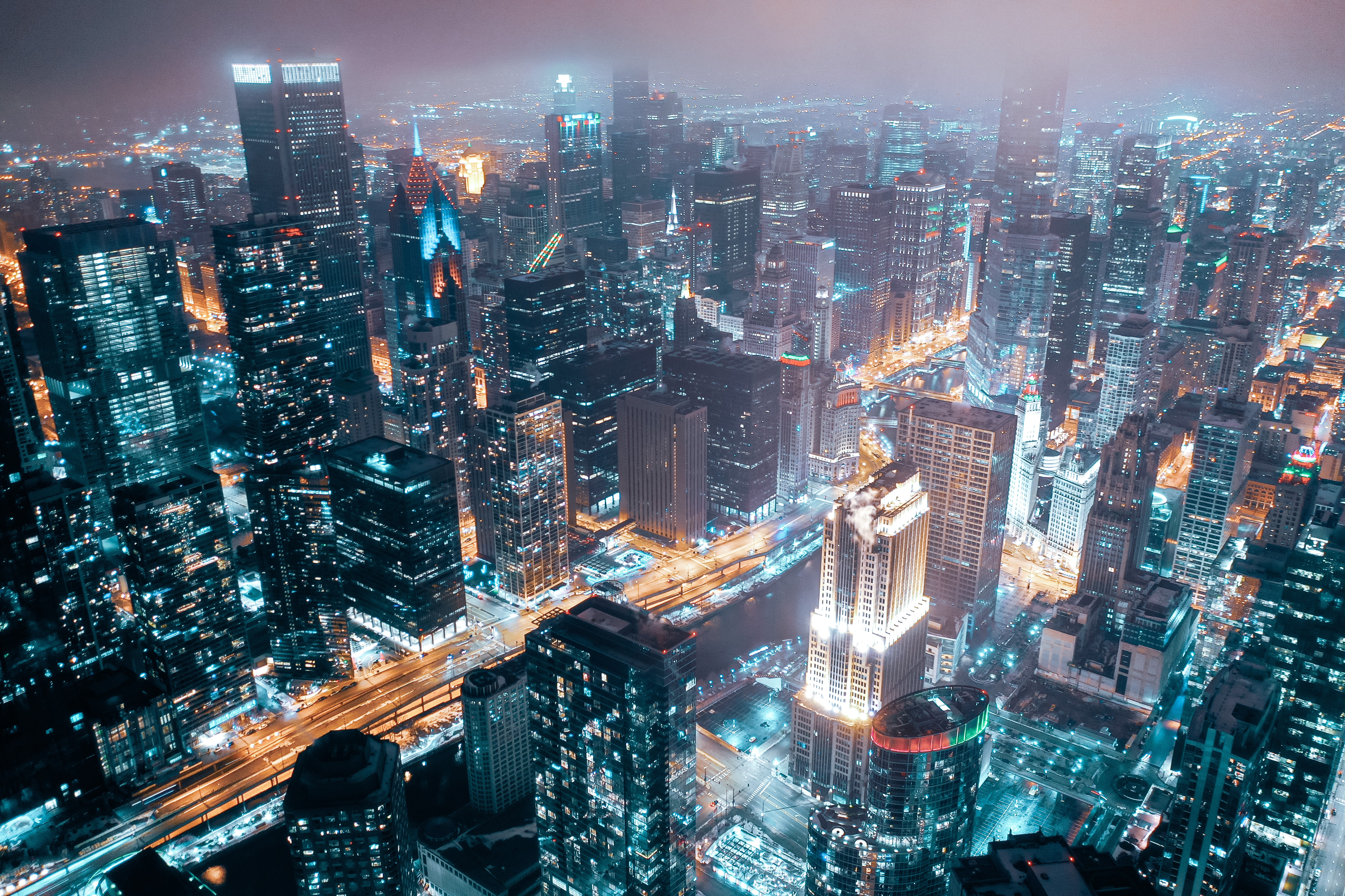 architecture, cities, building, lights, view from above, night city, overview, review