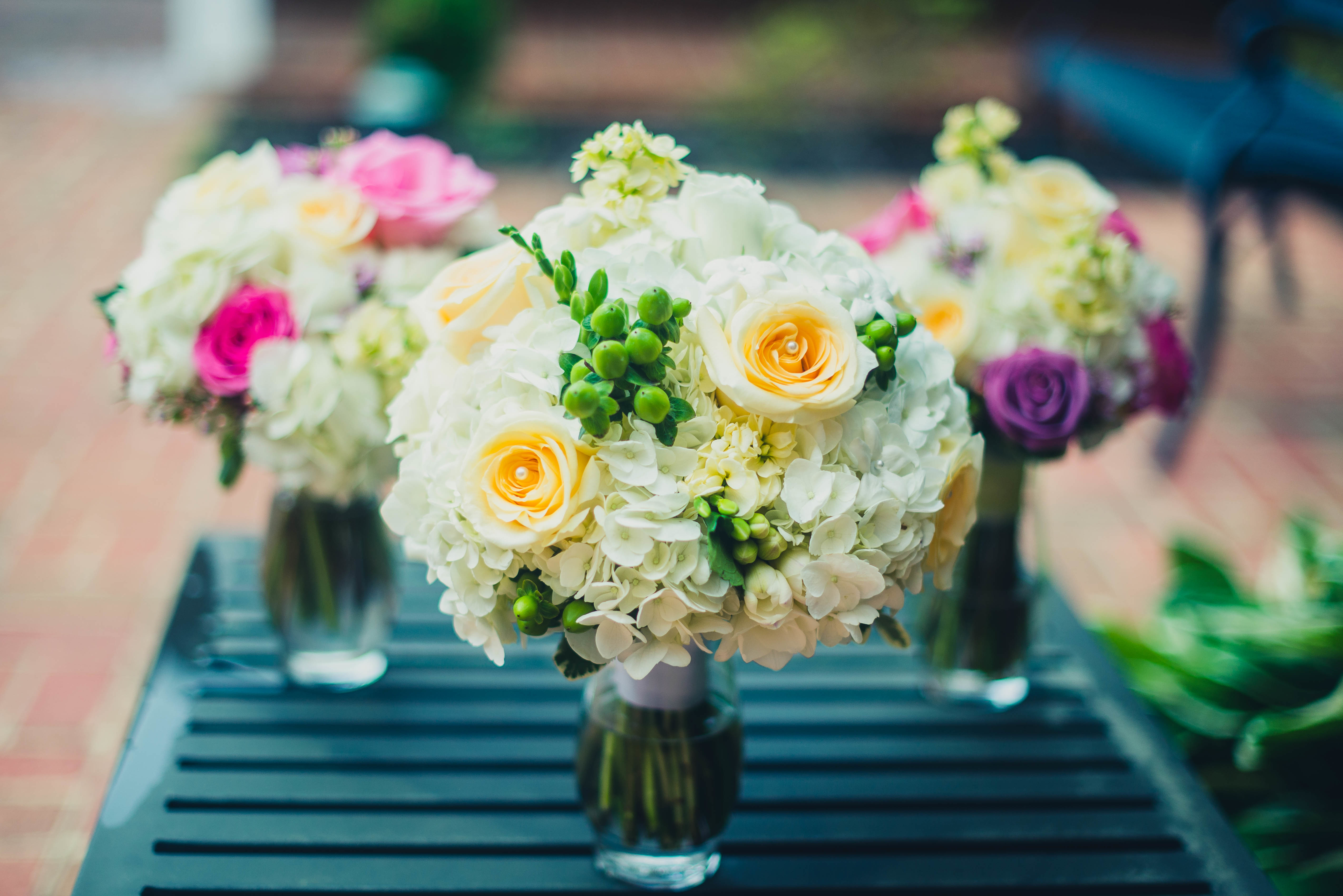 74742 download wallpaper bouquet, flowers, registration, typography, vase, composition screensavers and pictures for free