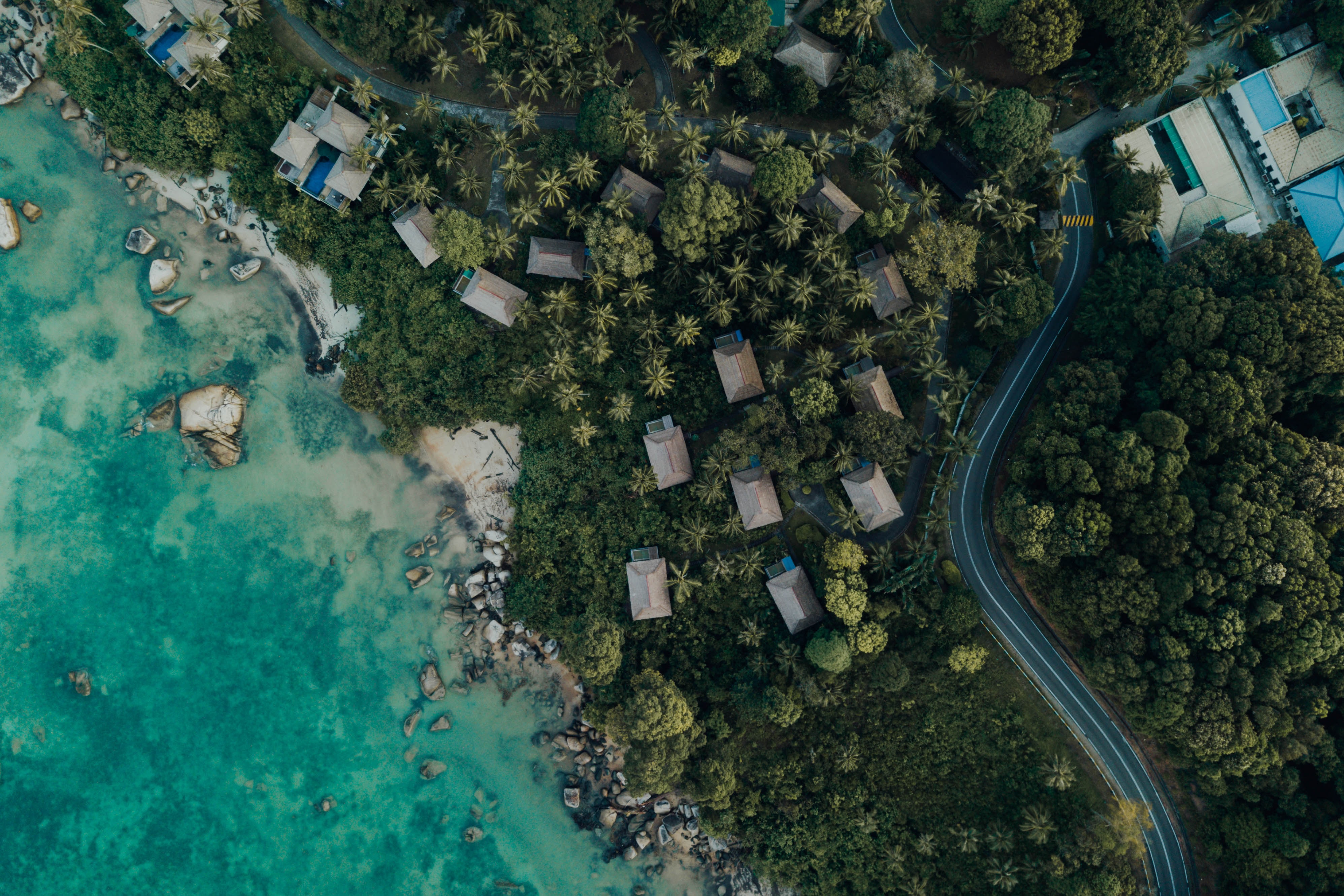 view from above, nature, trees, sea, building, shore, bank 5K
