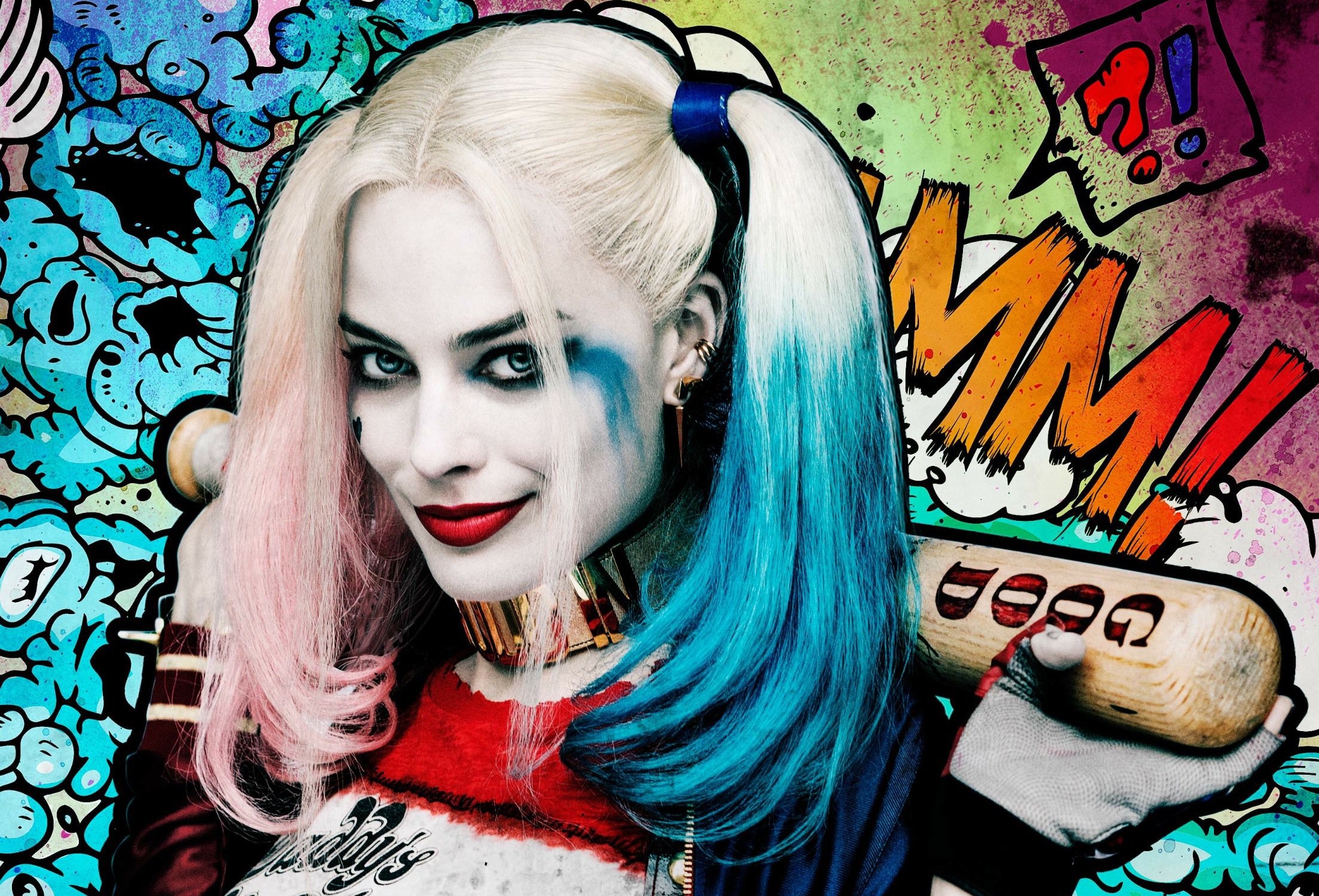 harley quinn, suicide squad, movie, baseball bat, blonde, blue eyes, dc comics, margot robbie, smile, two toned hair lock screen backgrounds