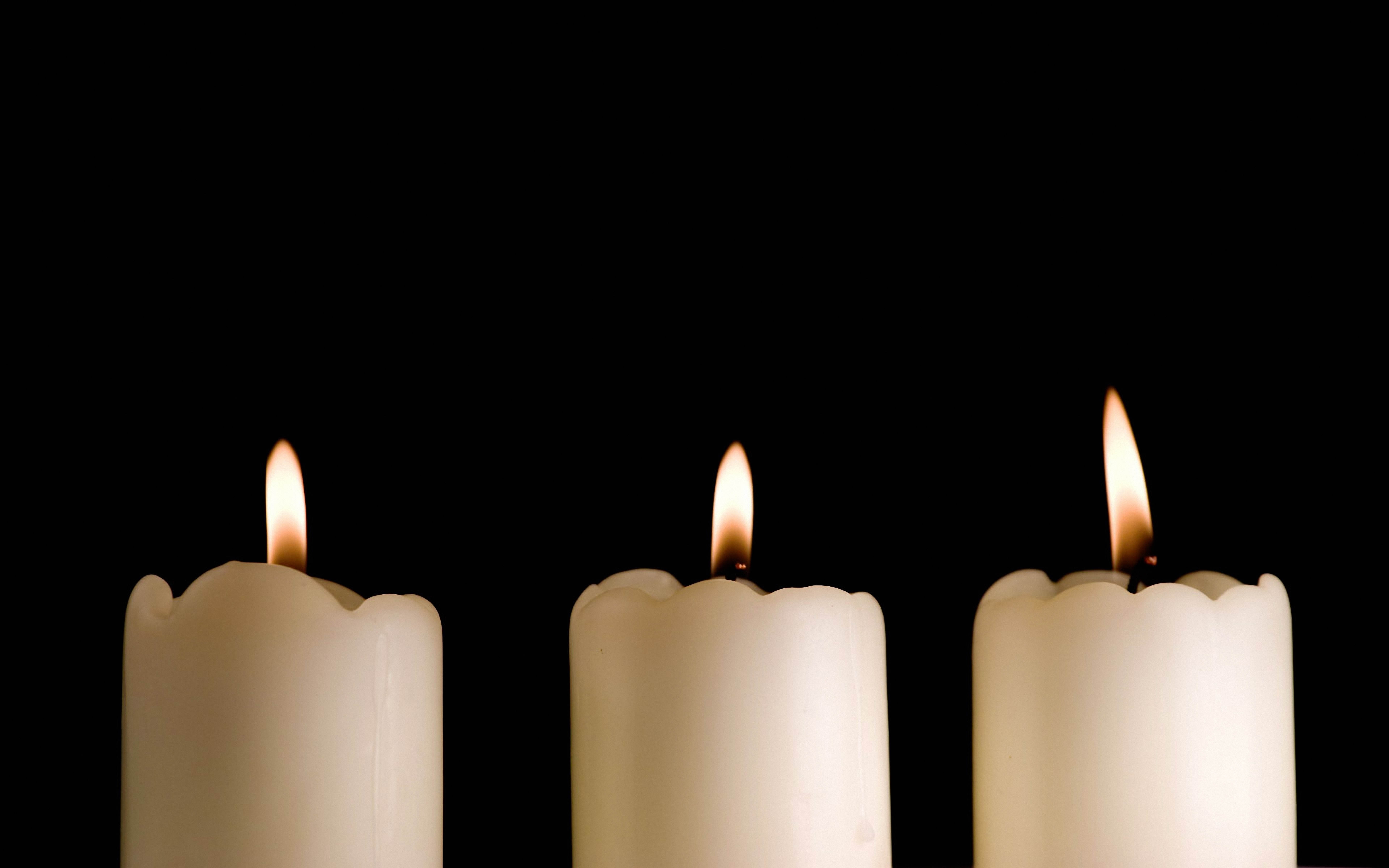 candles, lights, dark, black background, three