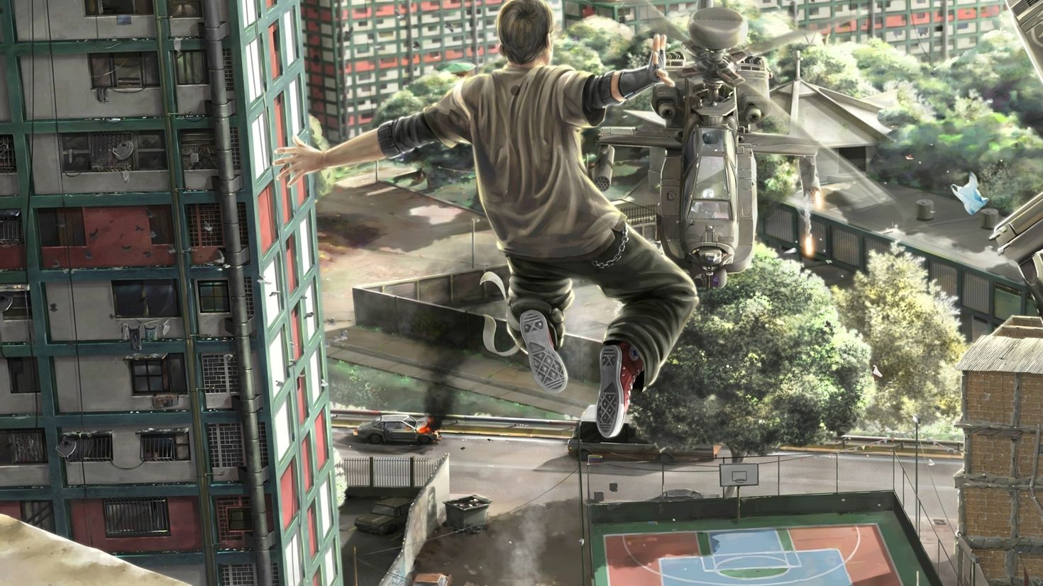Аниме прыгает с крыши
