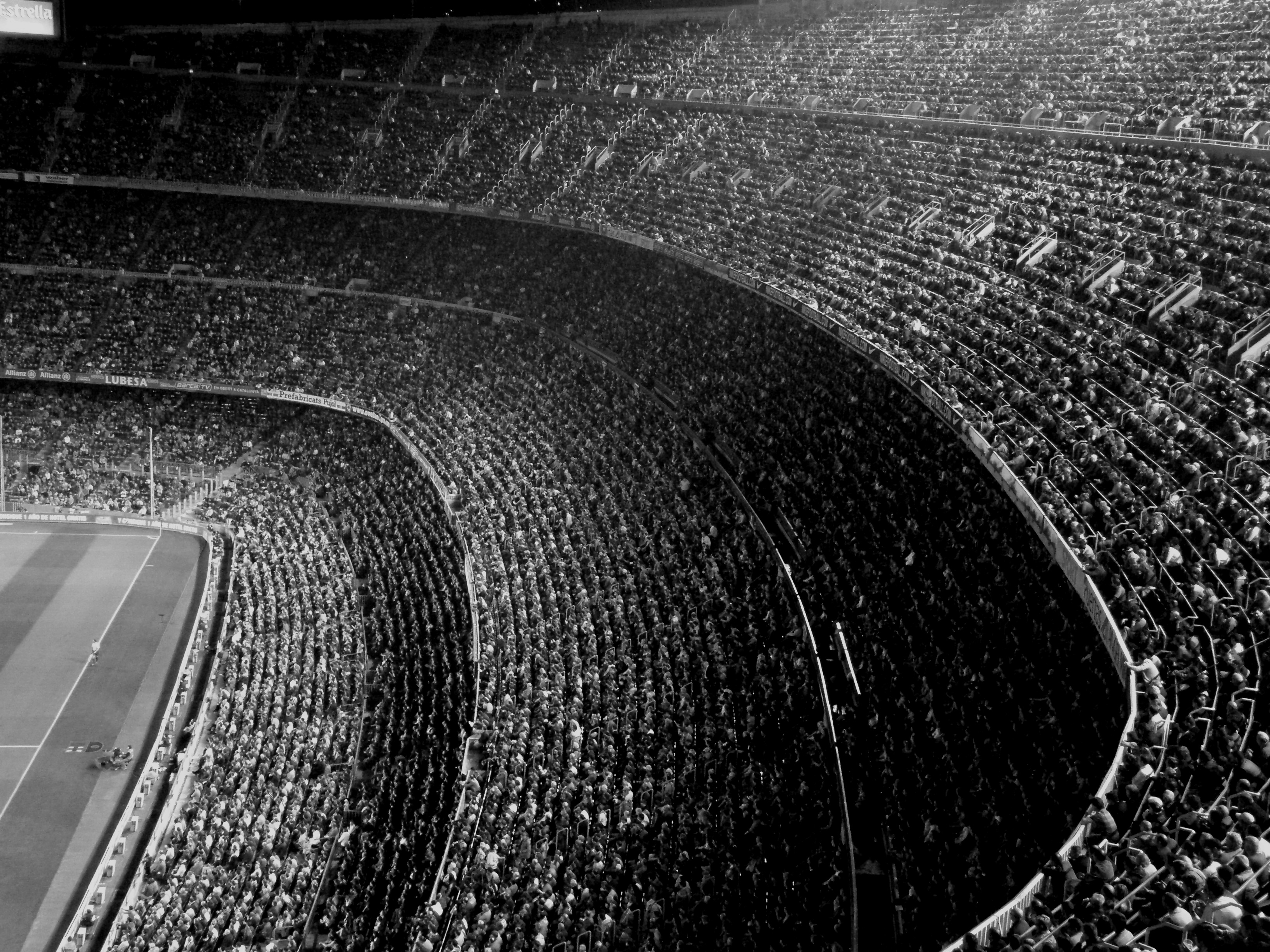 fc barcelona, photography, stadium, barcelona, black & white, crowd, soccer HD wallpaper