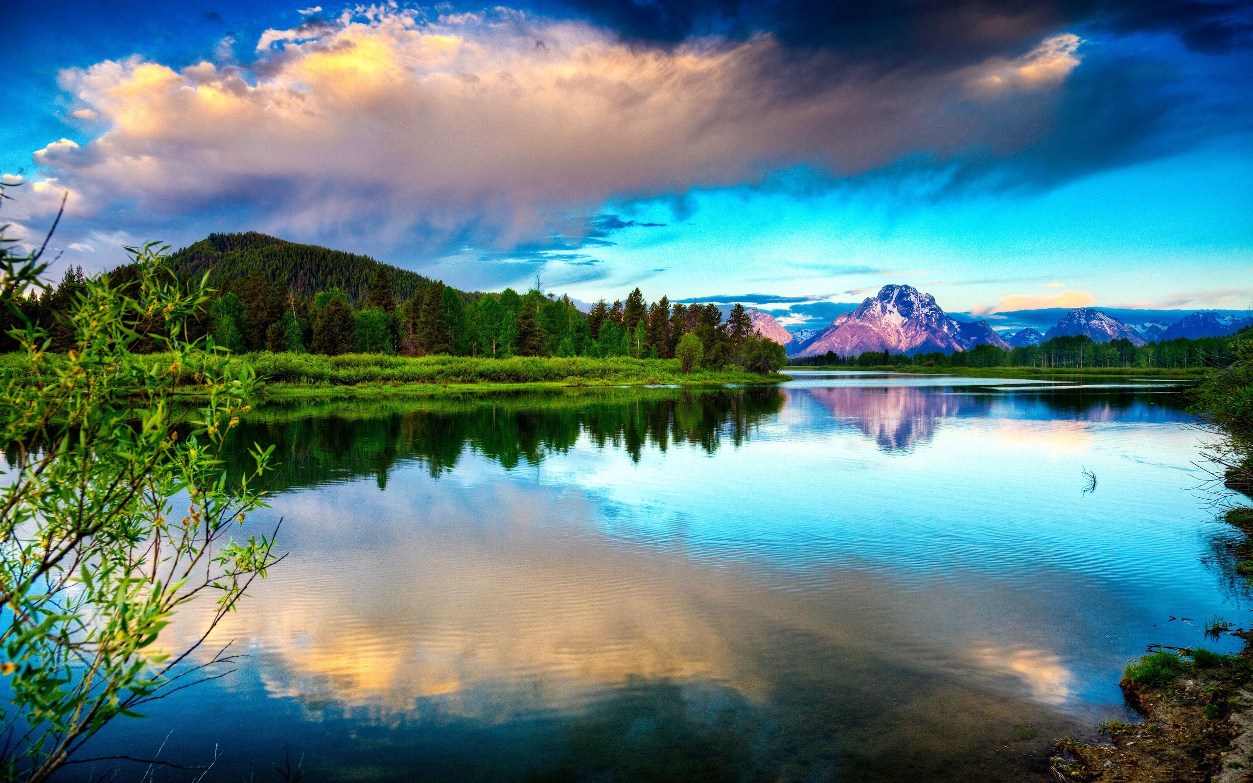 lake, contrast, nature, sky, mountains, clouds, water surface, brightly Full HD