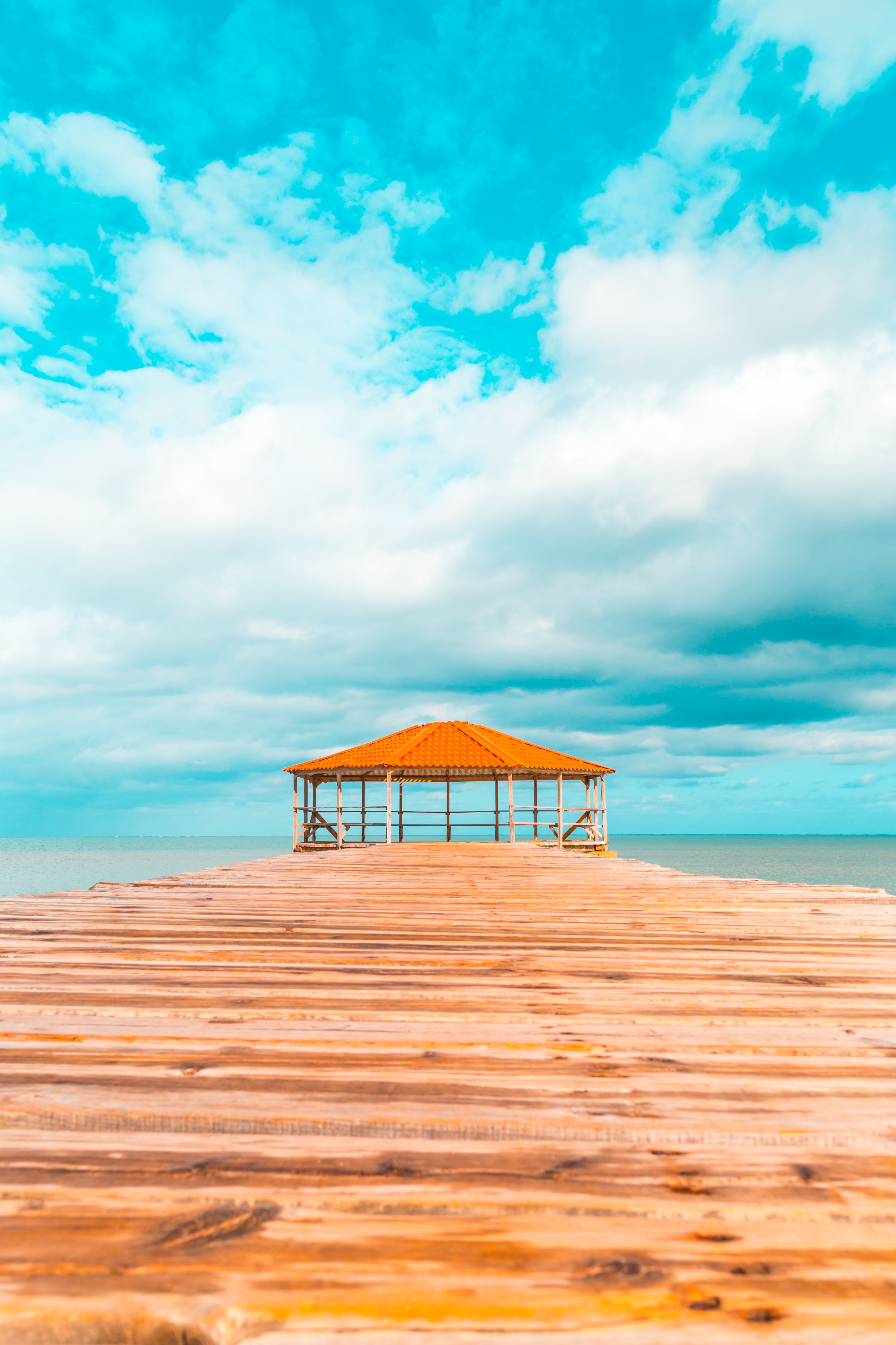 nature, rest, relaxation, alcove, pier, bower, ocean, clouds, tropics Phone Background
