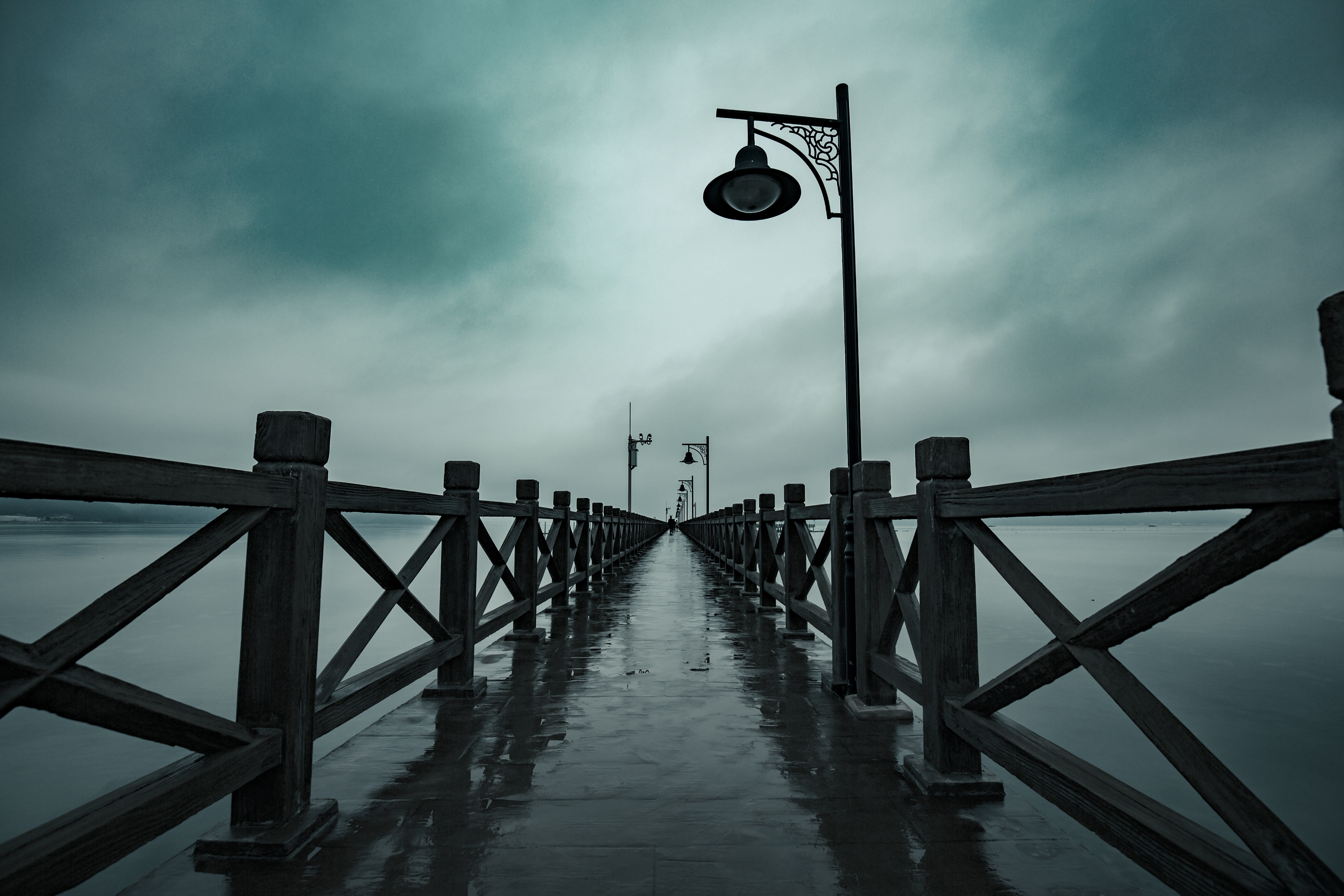 pier, lanterns, nature, lights, fog, moisture, railings, handrail 8K