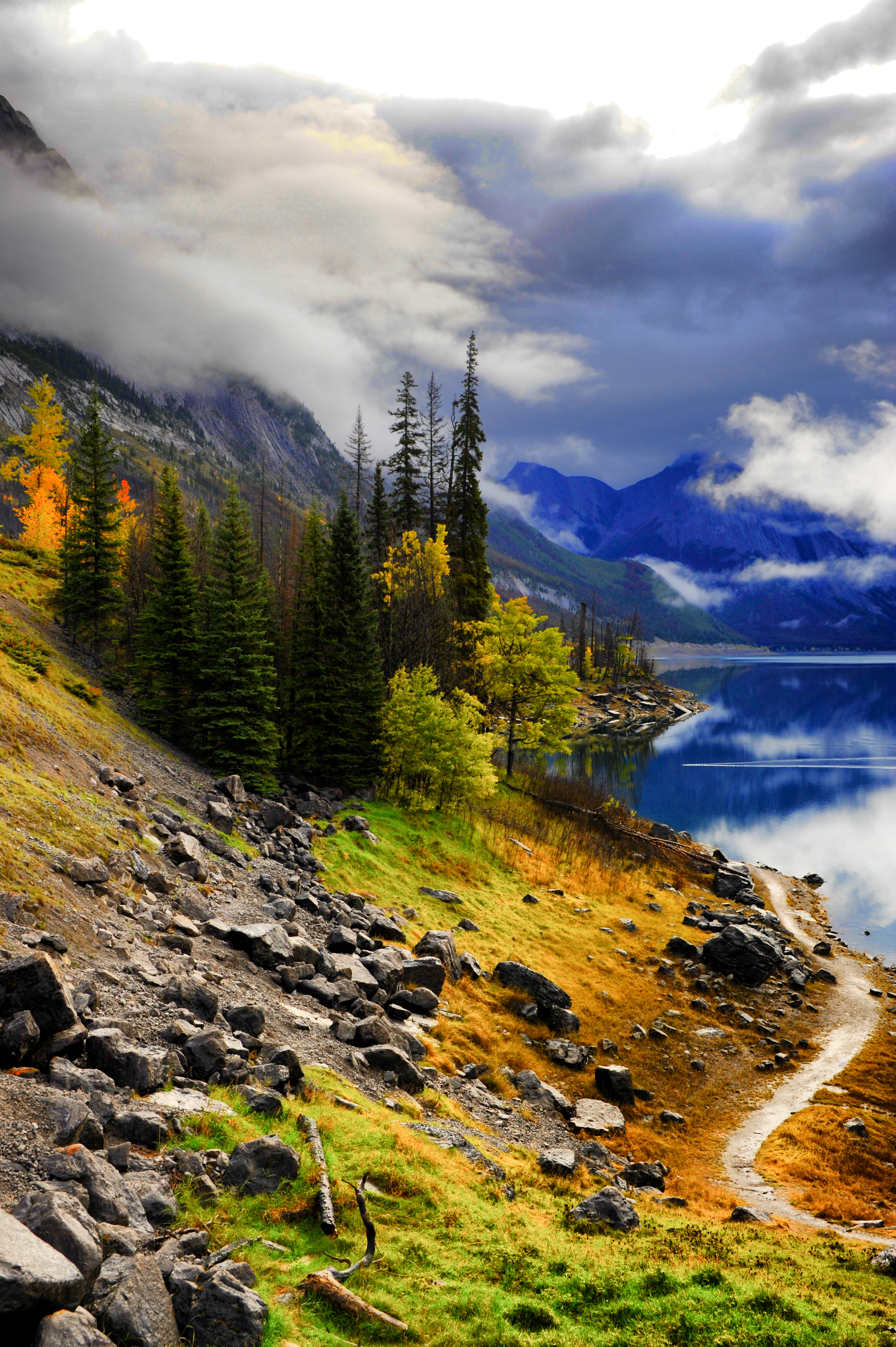 slope, trees, lake, landscape, nature, mountains, path phone background