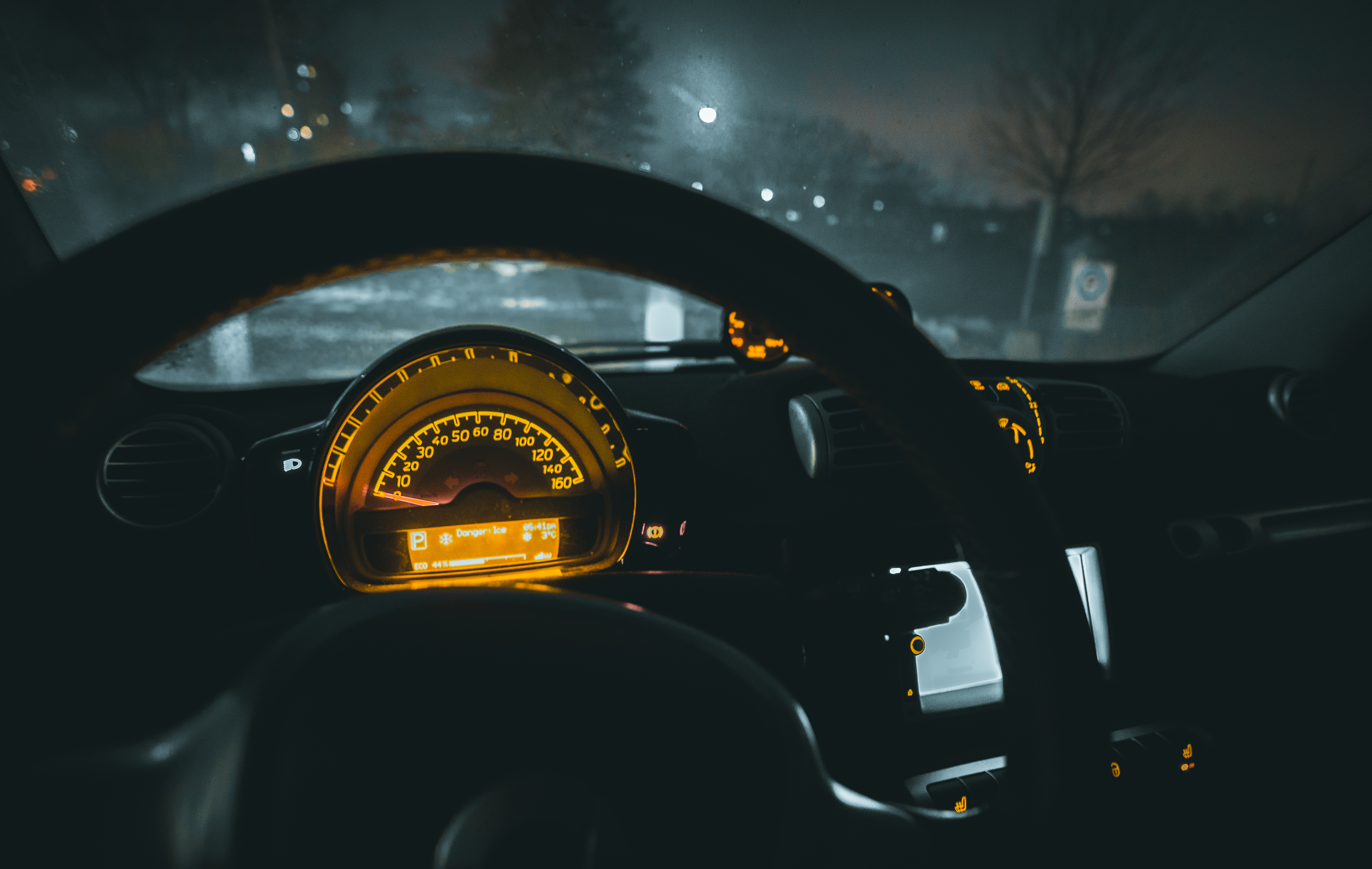speedometer, night, cars, car, steering wheel, rudder
